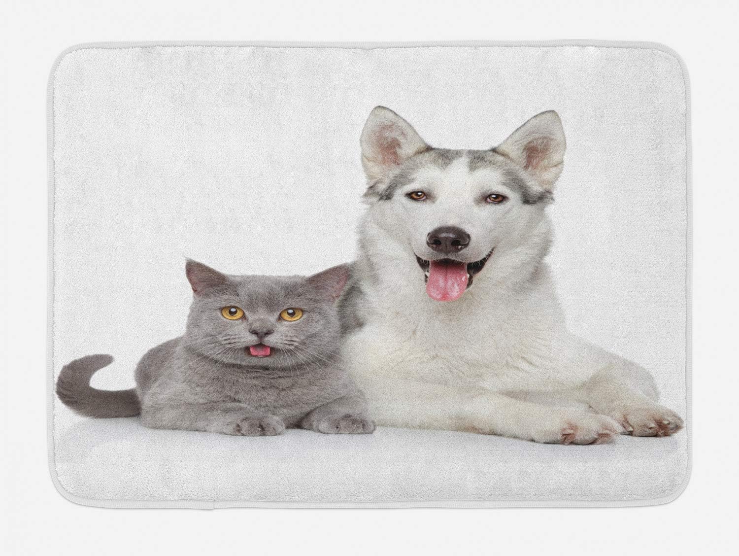Tapete de baño con diseño de animales, un perro y un gato acostados juntos sobre el fondo blanco, imagen digital, color blanco y gris, bonita,