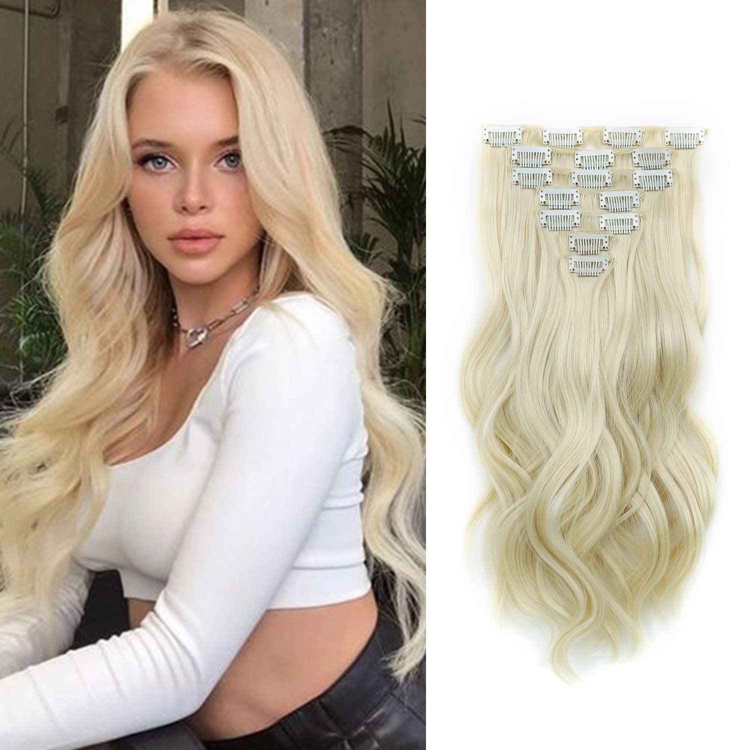 Extensiones de cabello con clip, largo, ondulado, grueso, invisible, pieza de cabello negro, fibra sintética suave de cabeza completa para mujeres,
