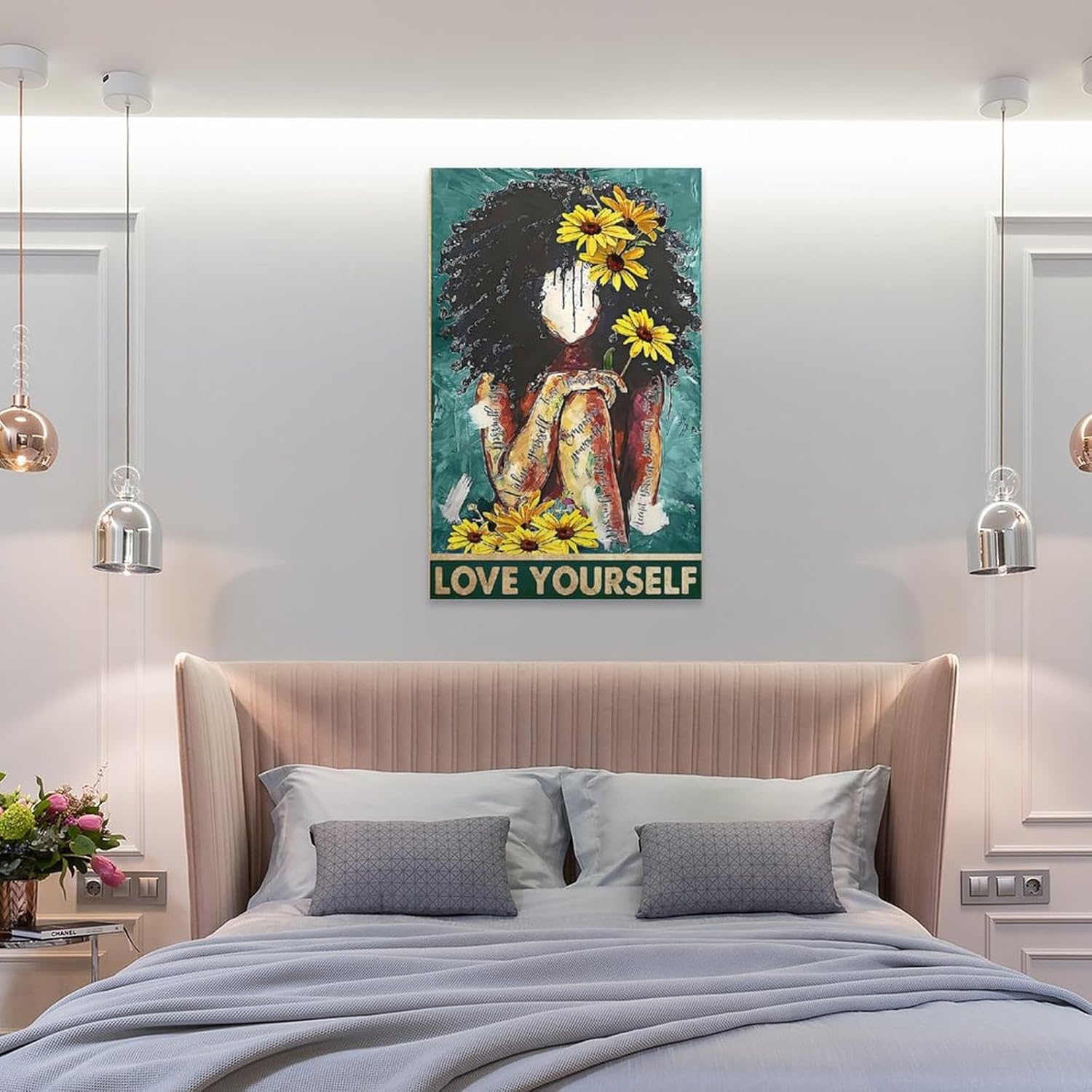 DAXXIN Póster de Love Yourself Value Your Self Black Girl with Girasol, arte de chica afro, mujeres negras, S lienzo para decoración de pared, para