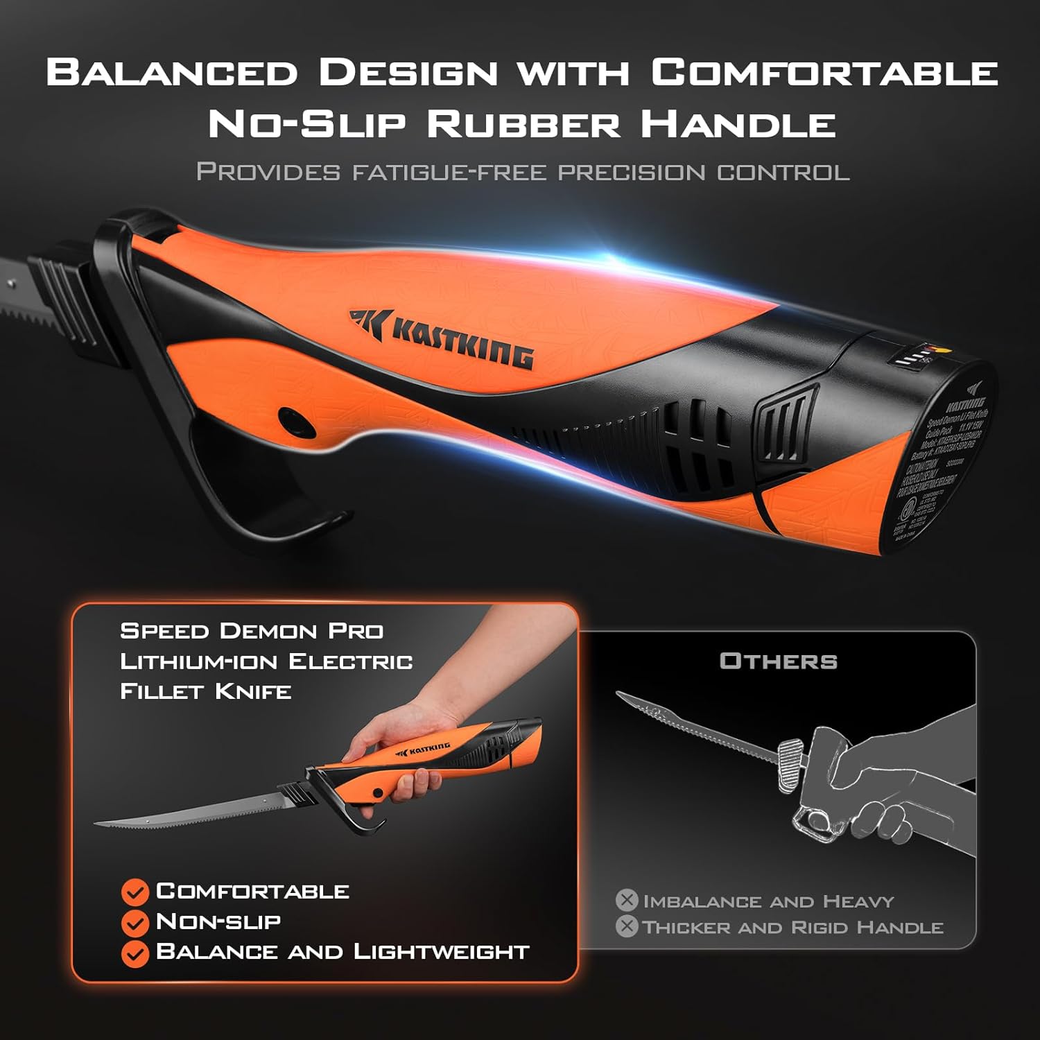 KastKing Speed Demon Pro – Cuchillo de filete eléctrico de iones de litio, cuchillo de pesca recargable inalámbrico con 4 cuchillas, motor de alto