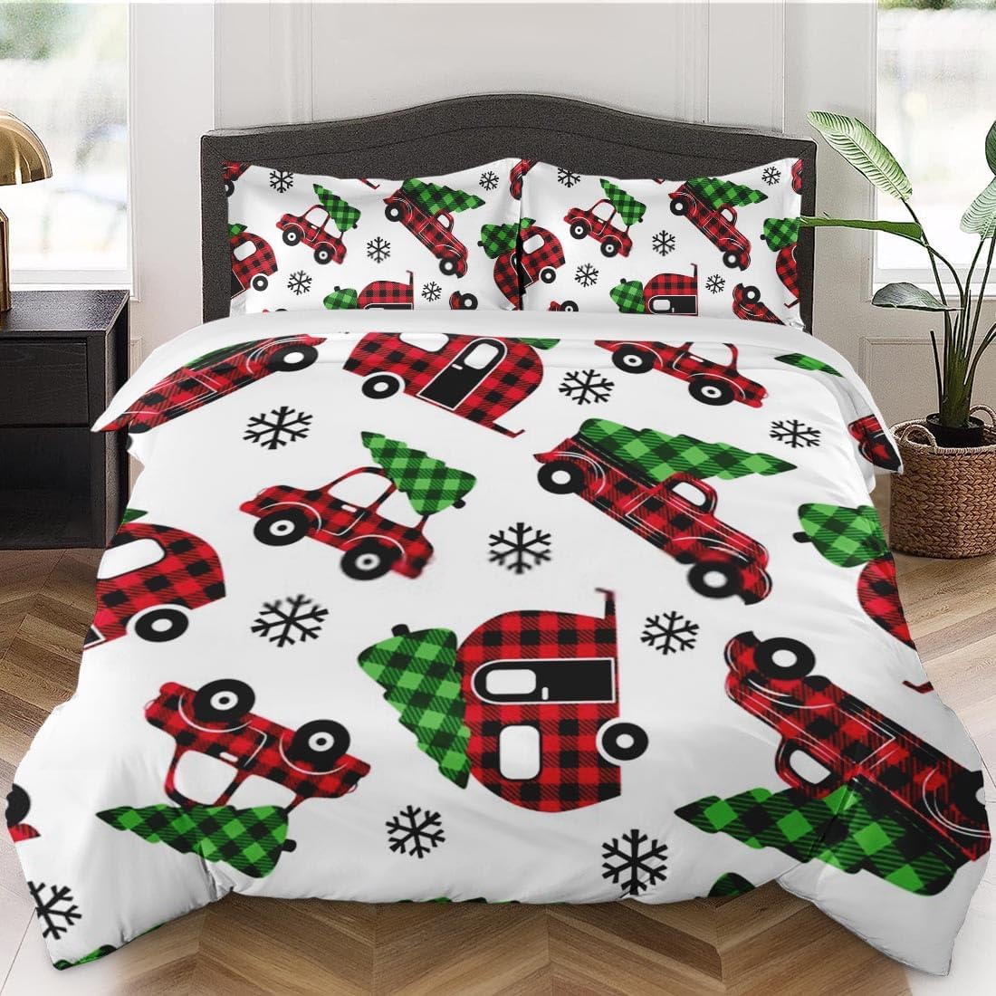 Funda de edredón tamaño Queen, juego de ropa de cama de Navidad a cuadros de búfalo rojo con cierre de cremallera para niños y adultos, funda de