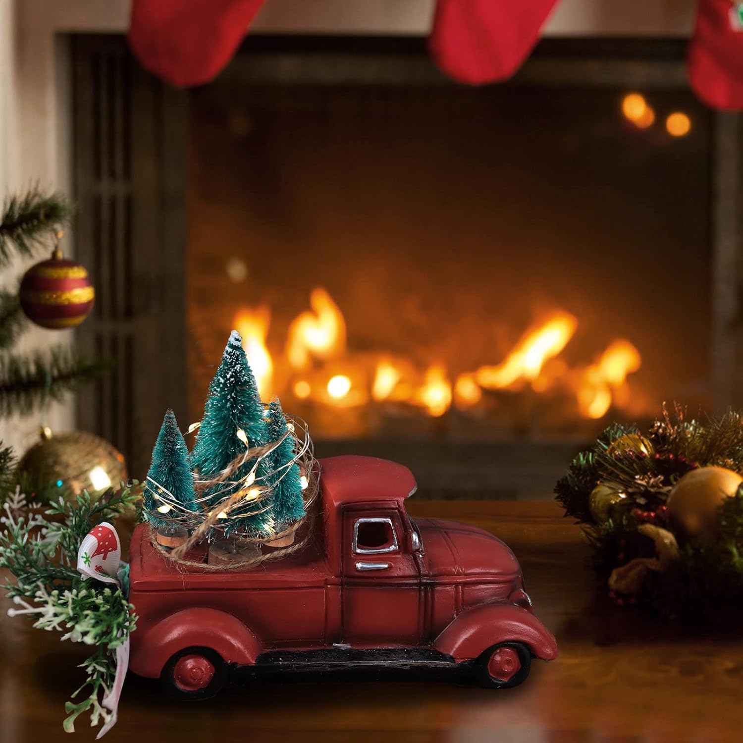 Adorno vintage de Navidad rojo para camioneta brillante de árbol de Navidad, decoración de manualidades rústicas rojas para fiesta en el hogar