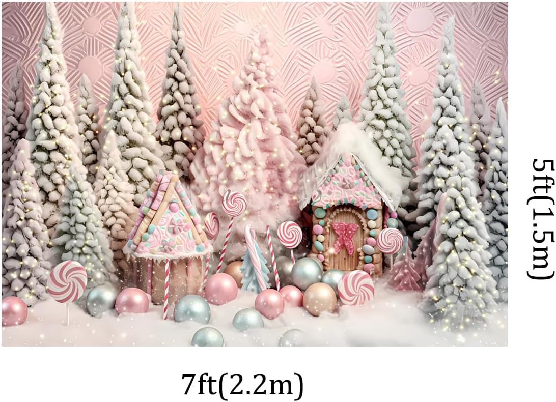 Kate Decoración interior del árbol de Navidad de 7 x 5 pies Fondos de fotografía de pan de jengibre Candy House Pink Christmas Party Theme Kids
