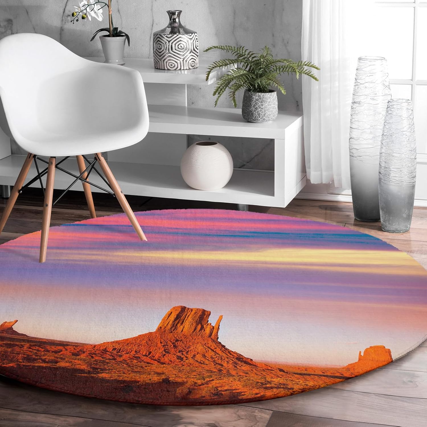 Round Rug 3Ft, Desert Dreamy Sunset Sundown Sky Natural Sand Building Landscape Soft Round Area Rug Machine Washable Non-Slip Circle Rug Carpet