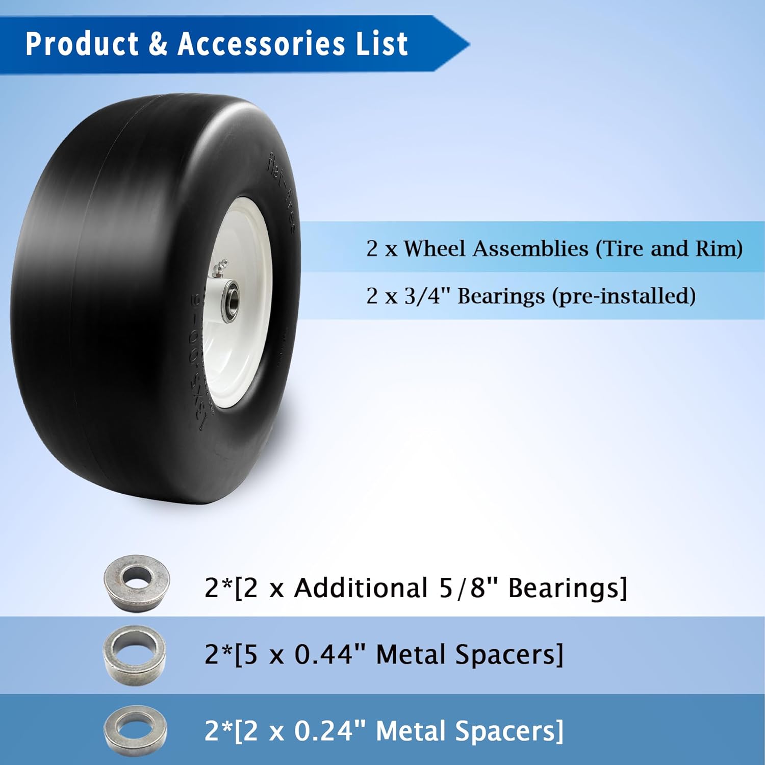 2Pcs 13×5.00-6 Flat Free Tire and Wheel for Lawn Mowers & Zero Turn Mowers, with 34″ & 58″ Grease Bushing and 3.25″-5.9″ Centered Hub,Solution for