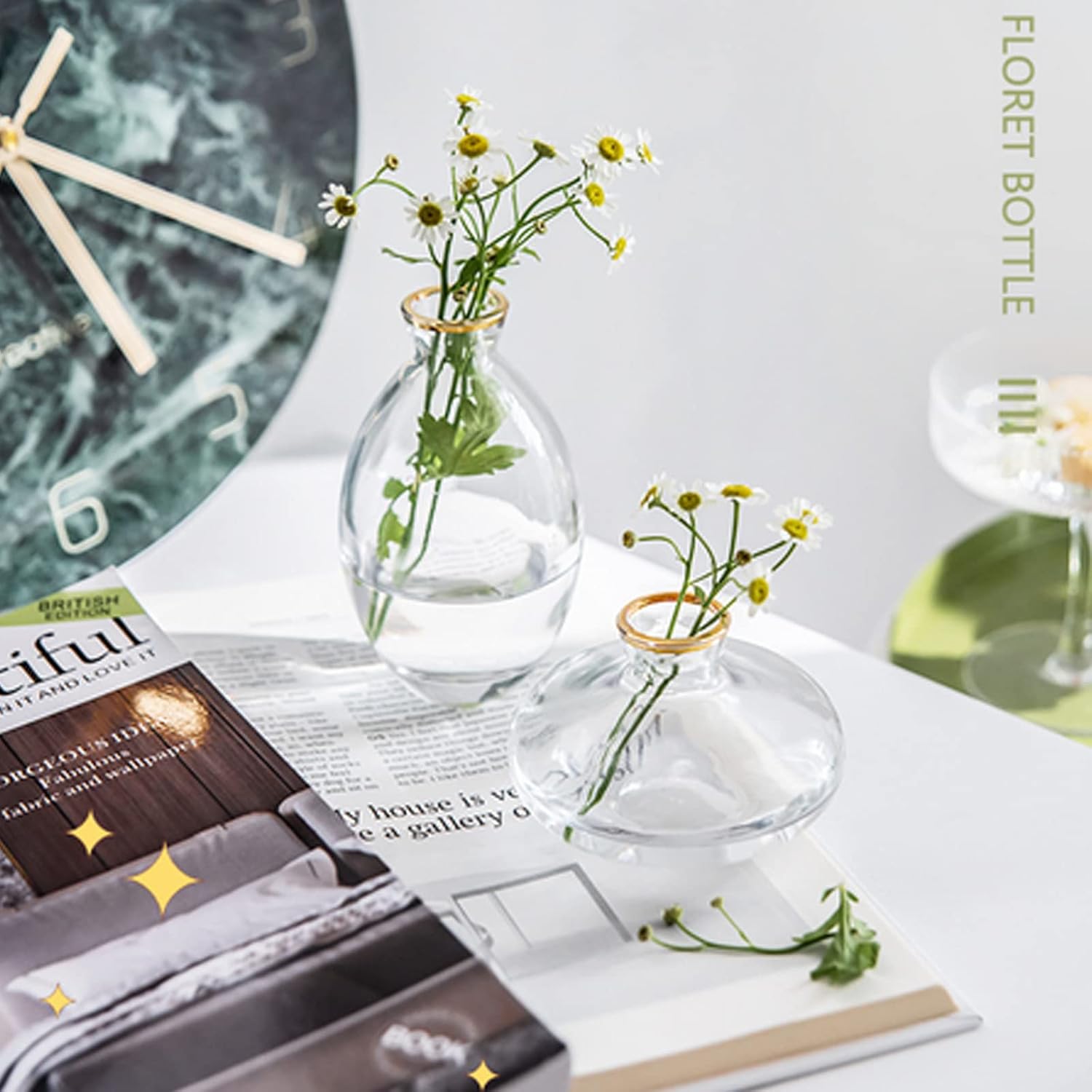 Small Vases for Centerpieces Glass Esmiome – Clear with Gold Rim 3pcsSet Bud Vases, Short Minimalist Vase Clear Modern Flower Vase Mini Tiny Vases