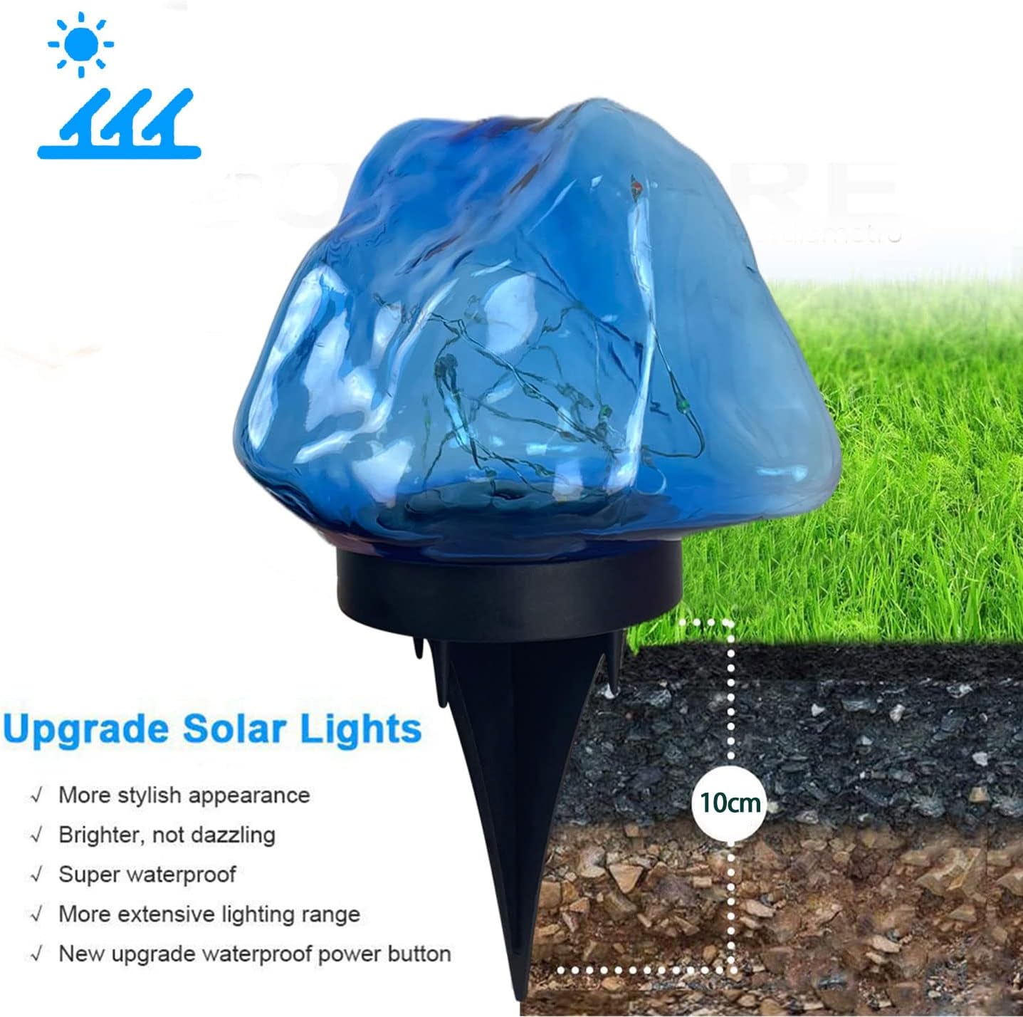 Guirnalda de luces solares de piedra colorida, carcasa azul, funciona con energía solar, para exteriores, impermeable, para decoración al aire