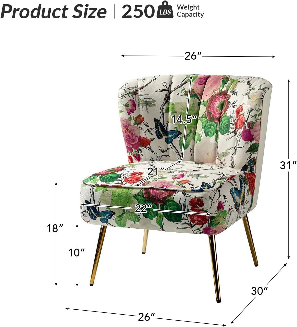 HULALA HOME Silla decorativa con patas de metal dorado, cómoda silla de sala de estar, silla lateral pequeña sin brazos de tela floral, silla