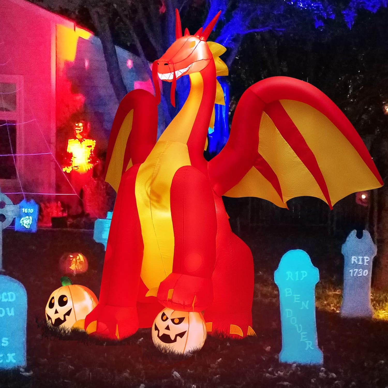 COSTWAY Dragón de fuego animado gigante inflable de 10 pies para decoración de Halloween al aire libre con luces