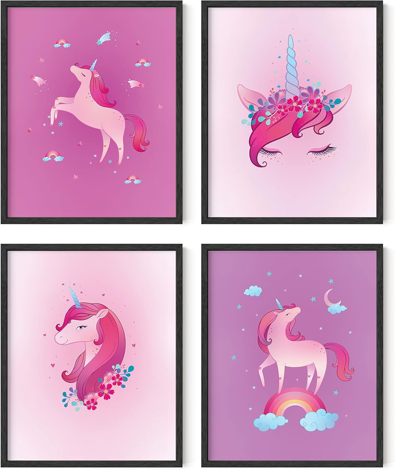 Haus and Hues – Juego de 4 impresiones artísticas de unicornio y arte pop, decoración de pared y pintura, decoración de unicornio y póster para