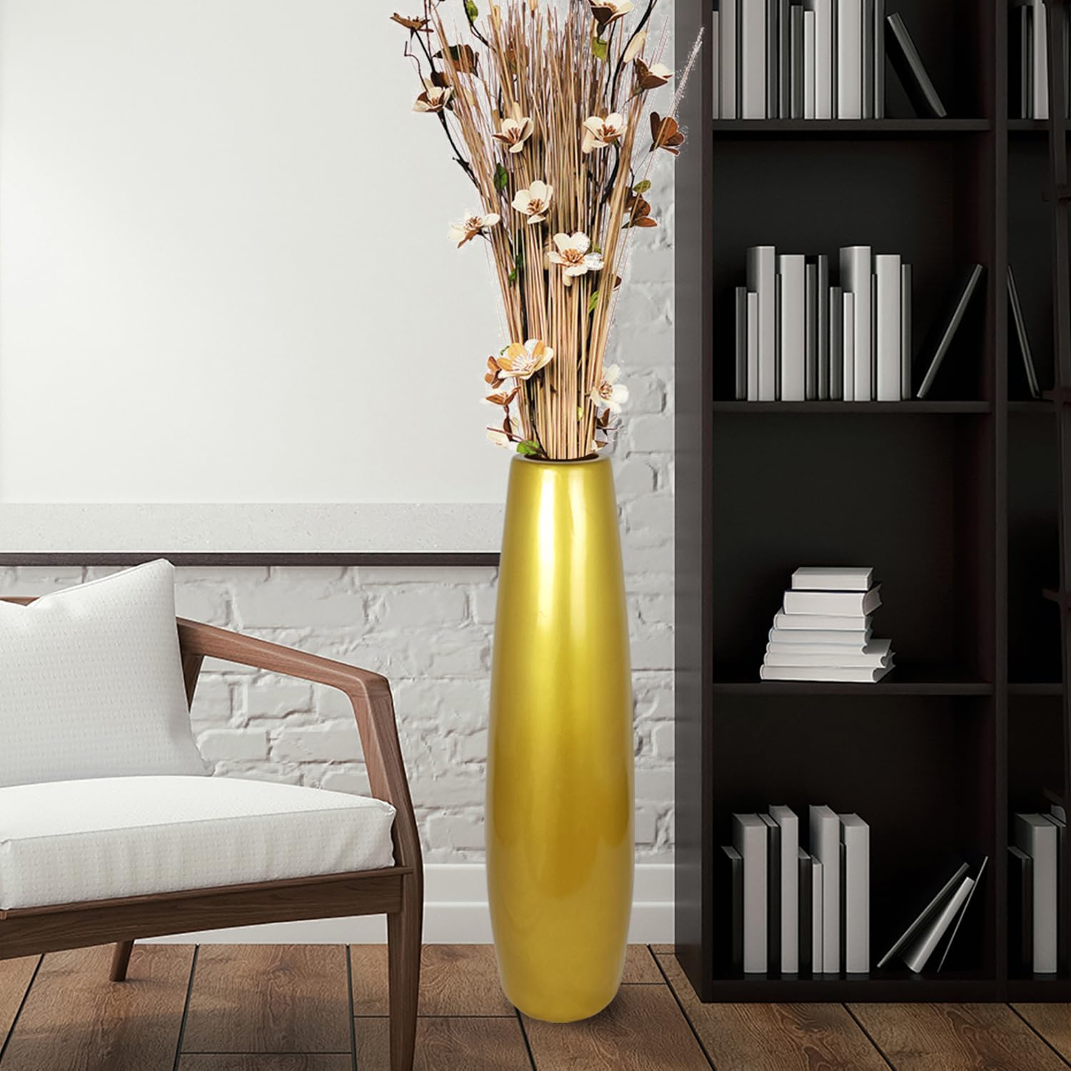 TDIAVH Jarrón de cerámica dorado de 28 pulgadas de alto, jarrones grandes y modernos para decoración de sala de estar, jarrón de mimbre grande para