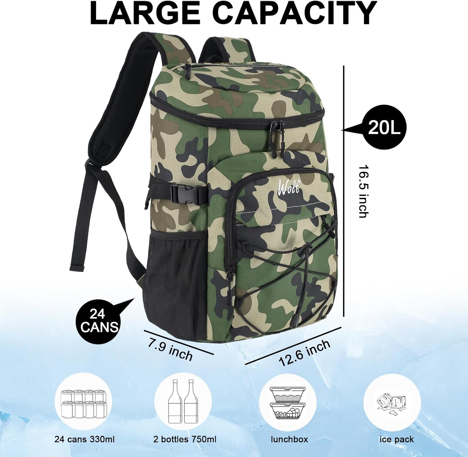 WOLT Mochila enfriadora, 24 latas aisladas, a prueba de fugas, ligera y suave, enfriador de camping, enfriador de playa de gran capacidad, mochila