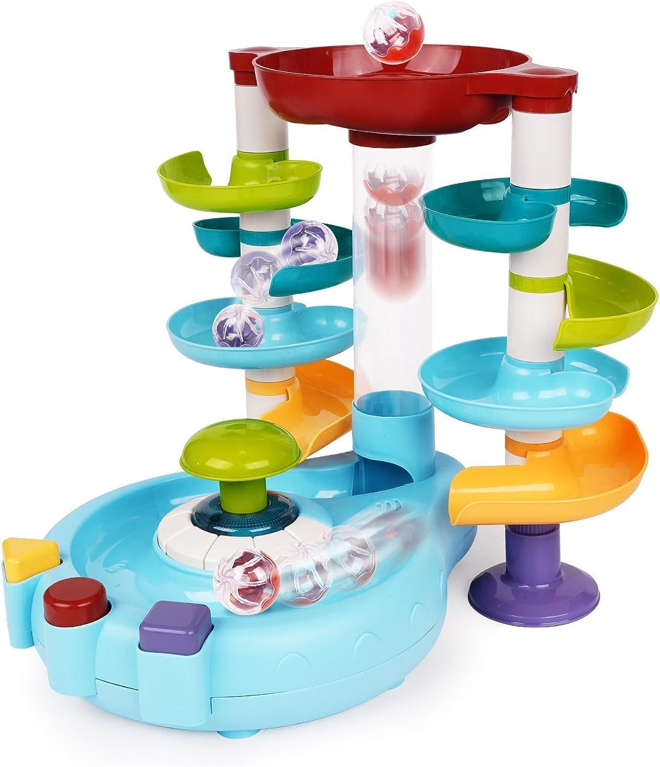 Torre giratoria de bola de 4 capas para bebés y niños pequeños, juguete de bola ocupada con iluminación musical, rampa de carreras de bolas para el