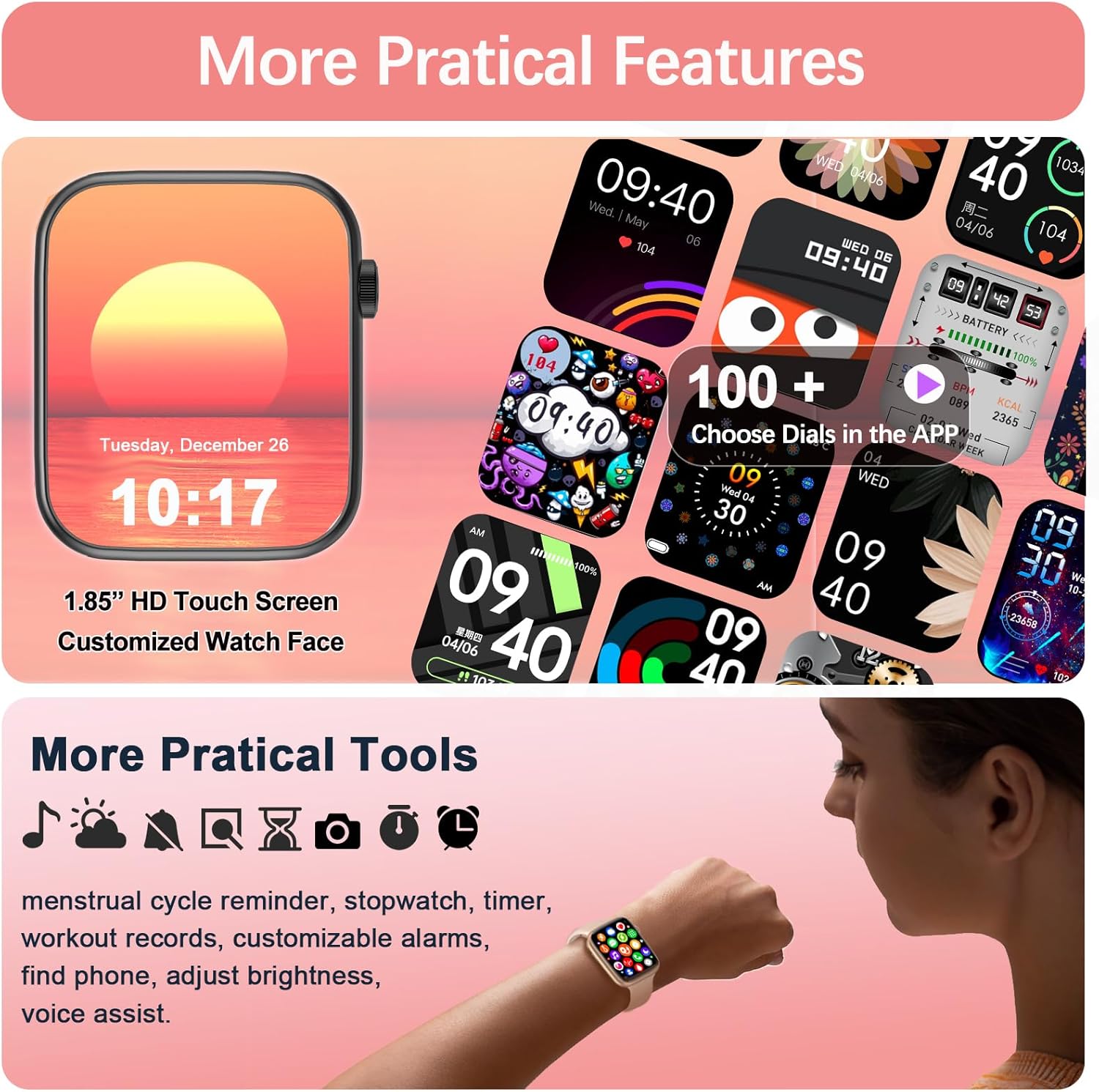 YoYoFit Reloj inteligente (respuestahacer llamadas), reloj inteligente de 1.85 pulgadas para mujer, rastreador de actividad física impermeable con