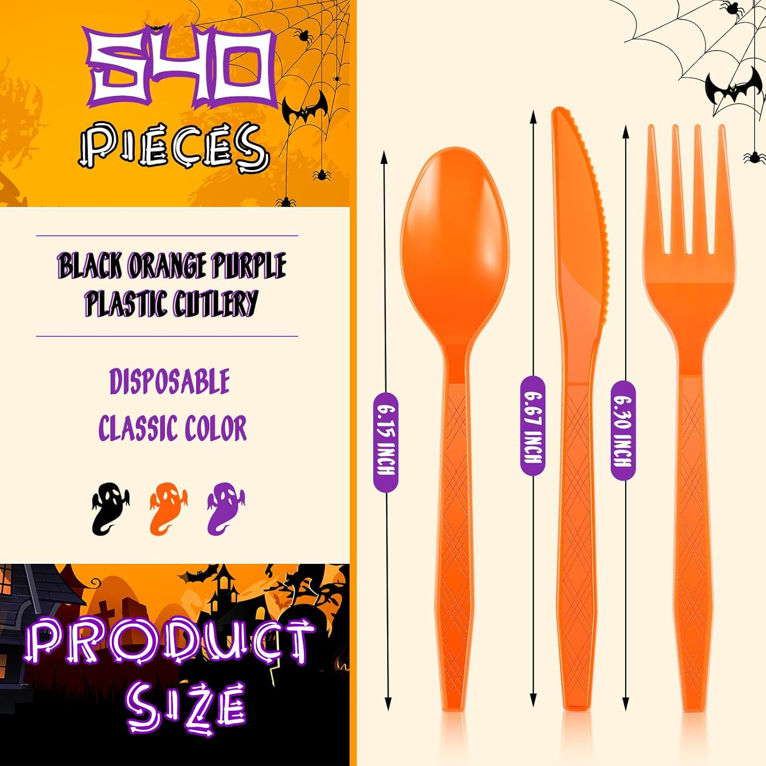 Juego de 540 cubiertos de plástico para Halloween, tenedores, cucharas y cuchillos, incluye 180 tenedores, 180 cucharas y 180 cuchillos para fiestas