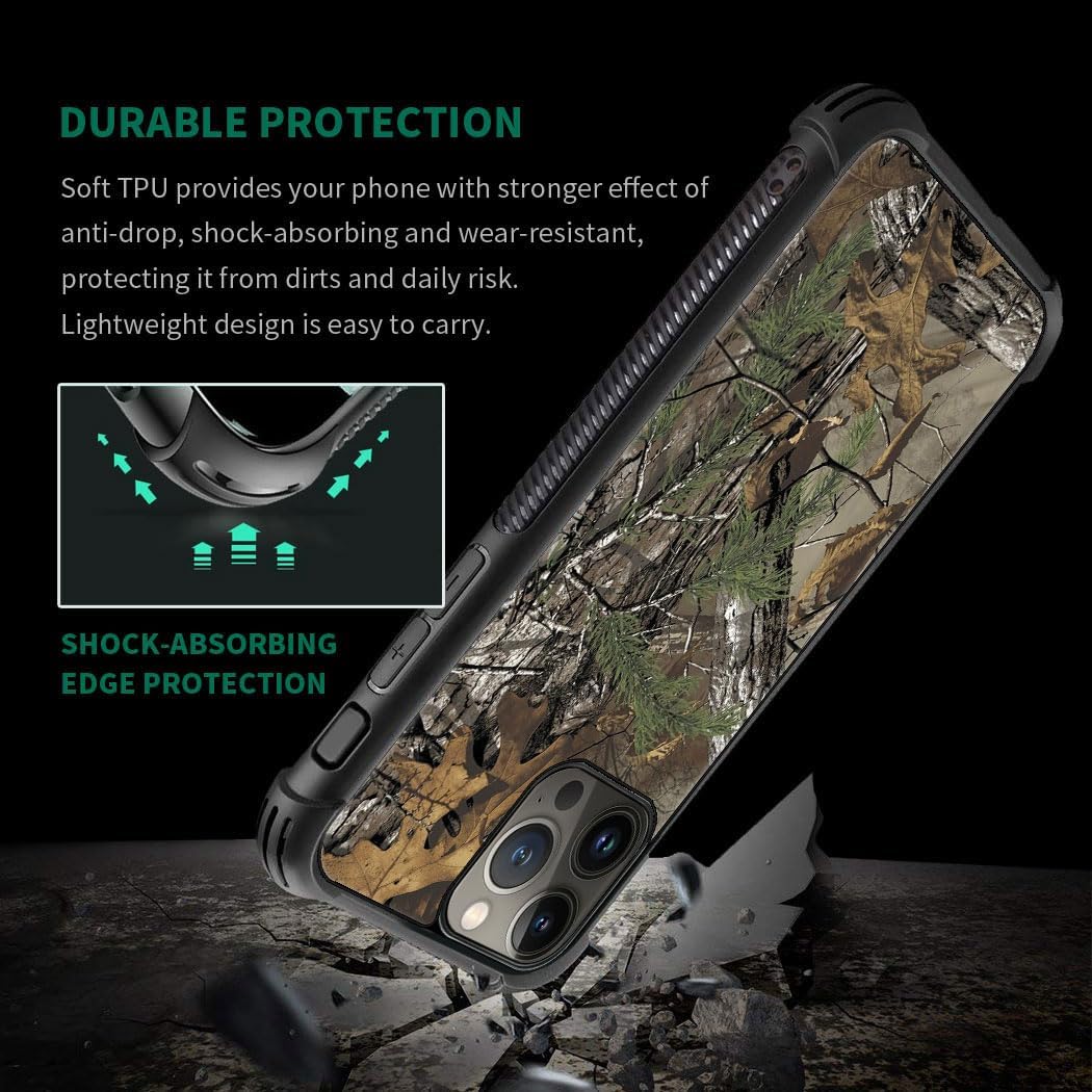 Funda compatible con iPhone 15 Pro Max, diseño de hojas de árbol de camuflaje H, resistente a arañazos y golpes, funda protectora de TPU resistente