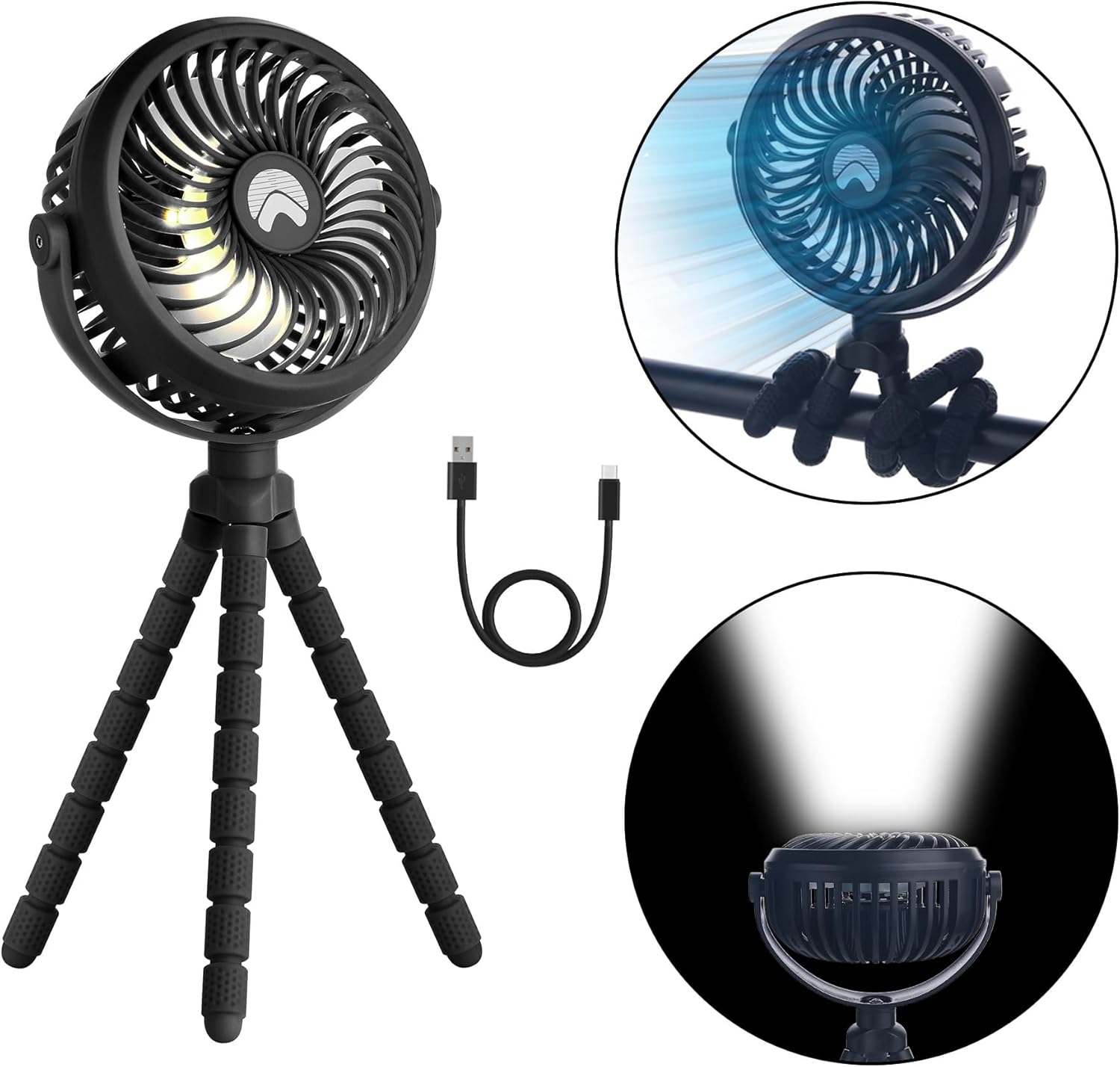 AYL Ventilador portátil que funciona con pilas, ventilador pequeño para cochecito con luces, recargable por USB, rotación de 360, trípode flexible