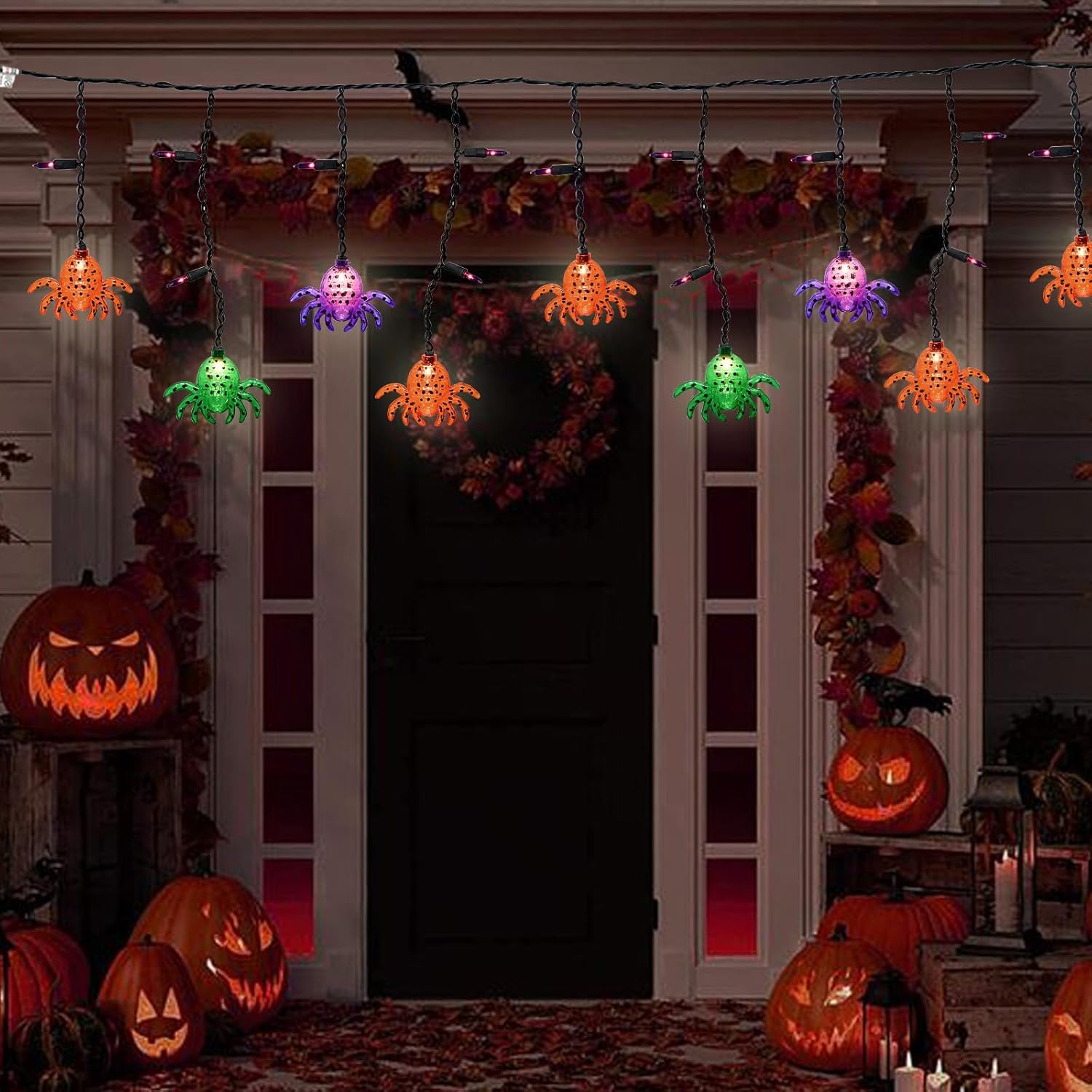 Romasaty Cortina de luces de araña de Halloween de 7 pies con 10 tiras de luces de araña impermeables, 25 luces LED temáticas de Halloween para