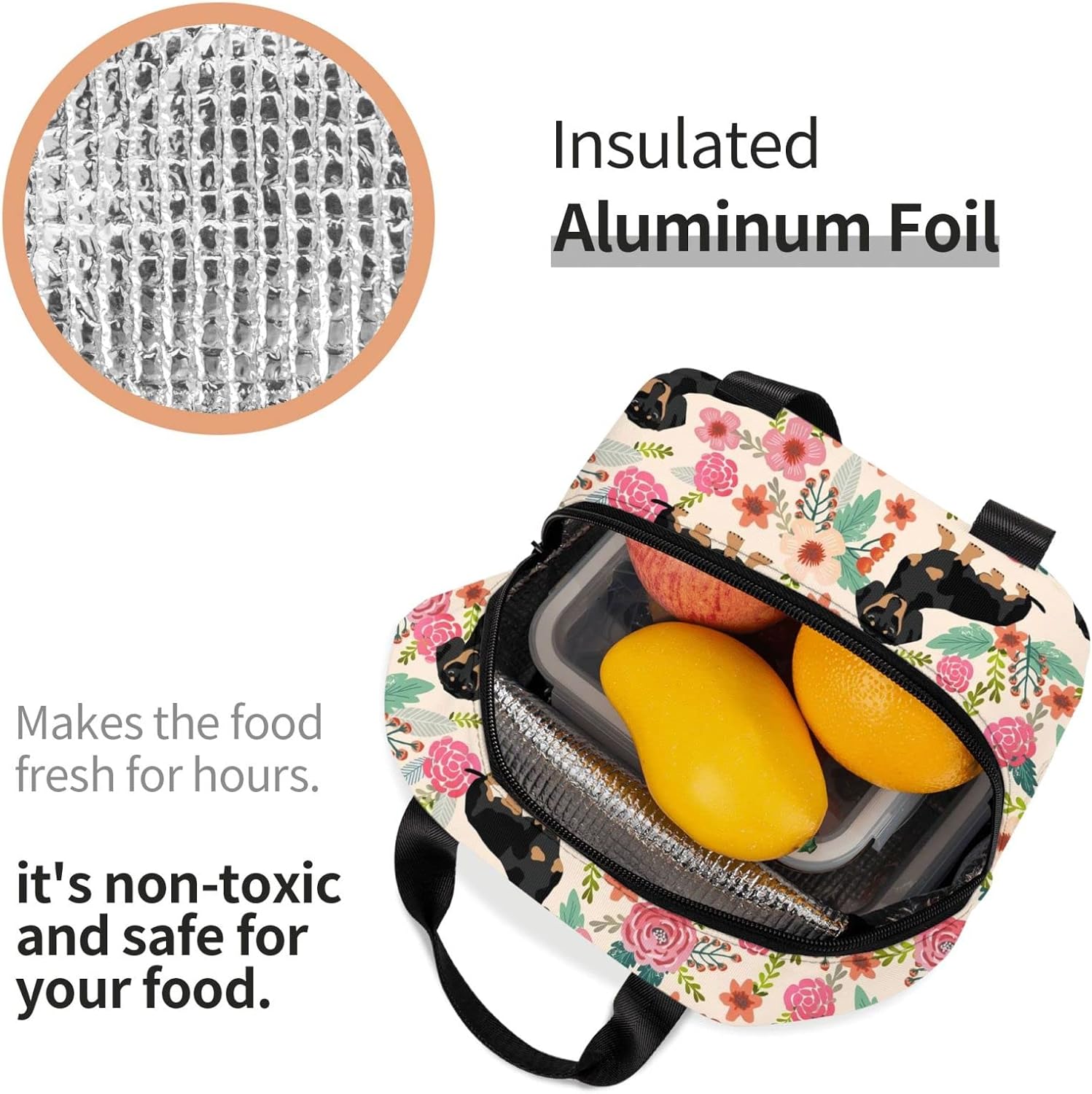 Daschund – Bolsa de almuerzo con aislamiento de flores para perros y mujeres, reutilizable, impermeable, portátil, hielera, térmica, para trabajo,