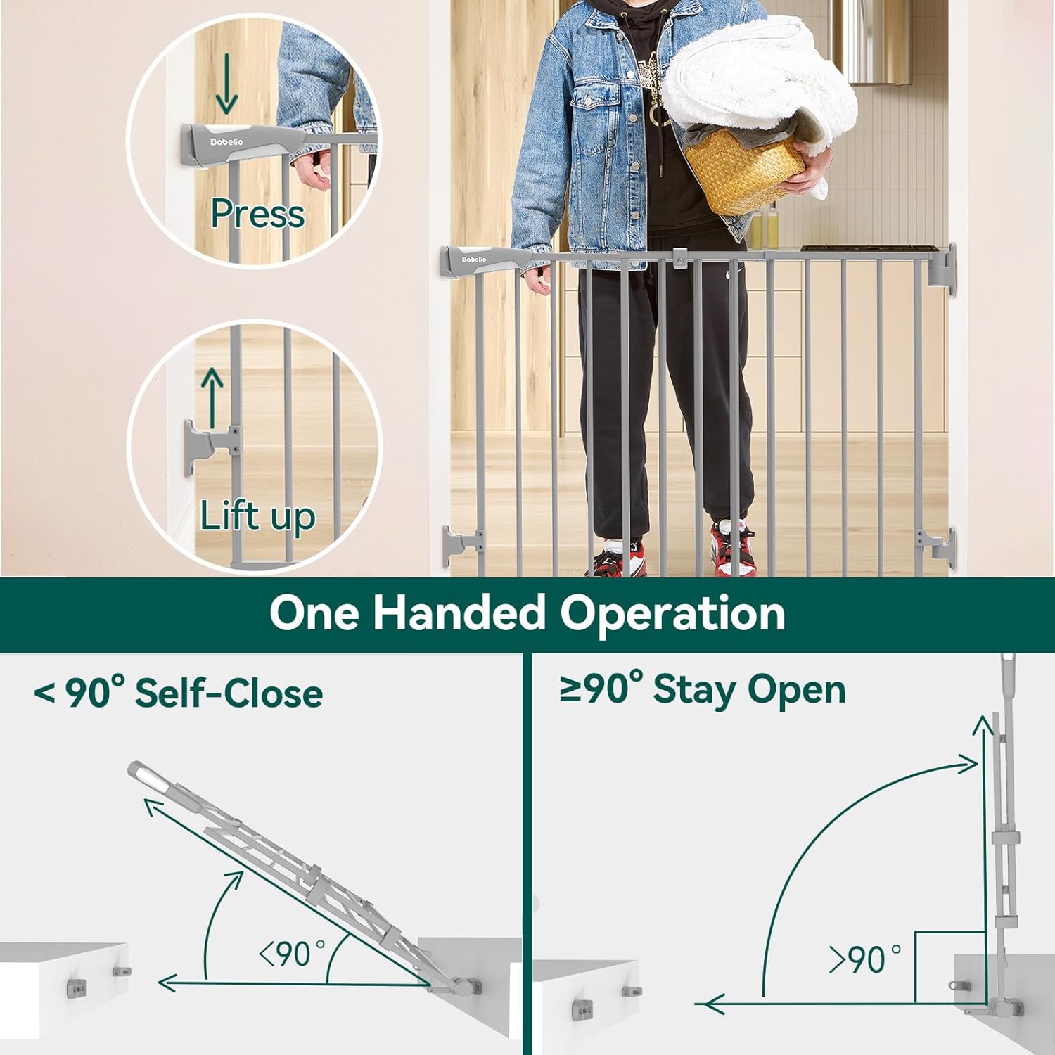 Babelio Puerta extra alta para bebéperro de 34 pulgadas con diseño sin umbral, puerta de seguridad de cierre automático de 26-43 pulgadas para