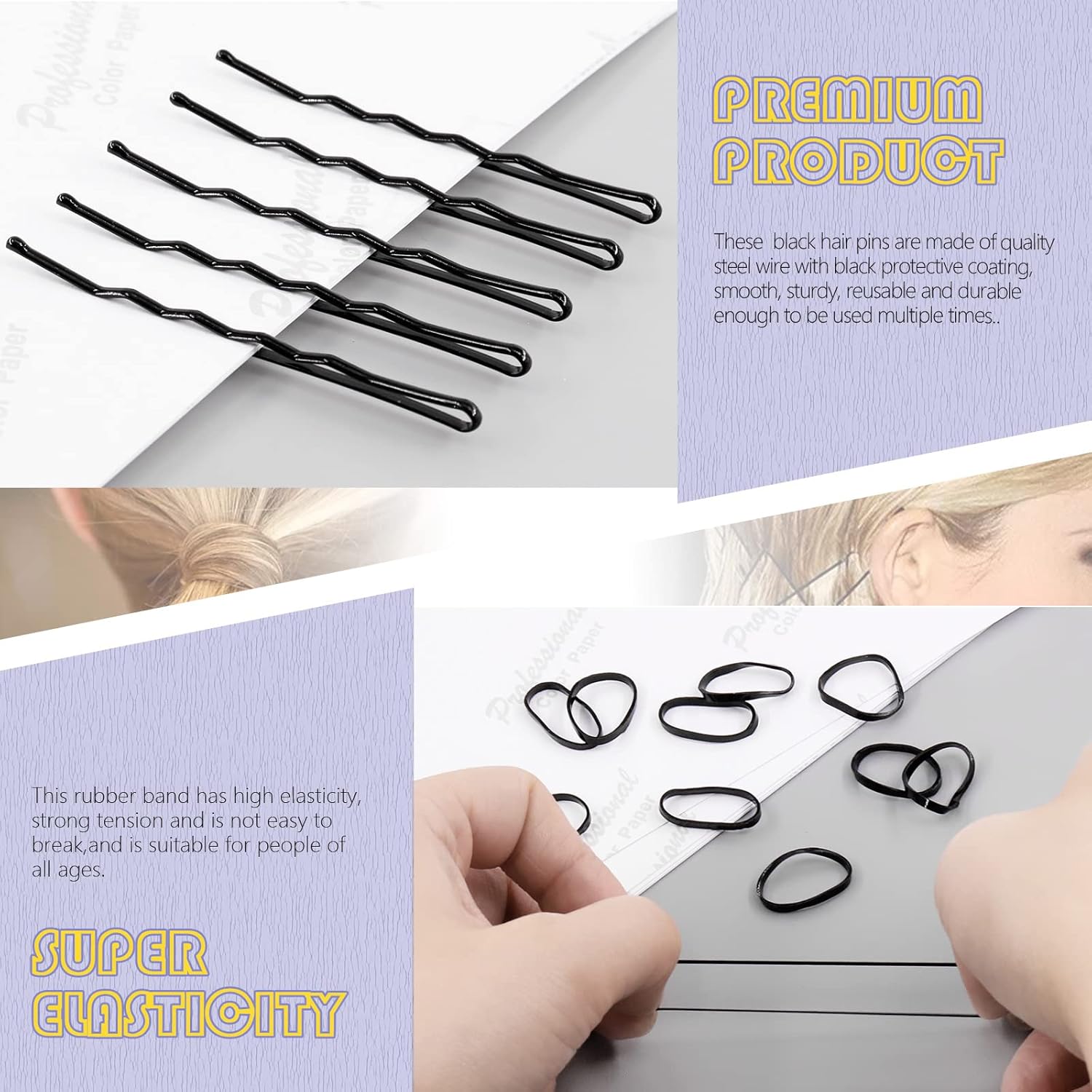 Swpeet Kit de 360 horquillas de 2 estilos y 380 horquillas negras con bandas de goma