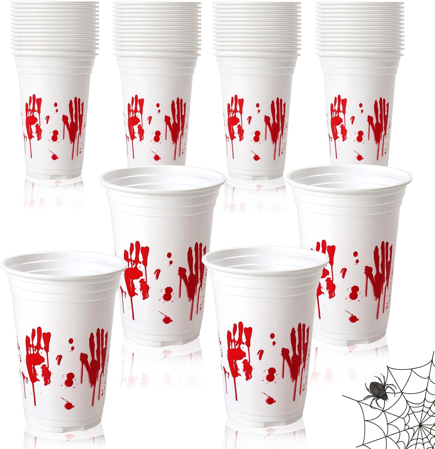 HENILEW 50 vasos de plástico desechables de Halloween, 10 onzas, taza de fiesta con estampado de mano sangrienta, vasos de fiesta para niños, tazas