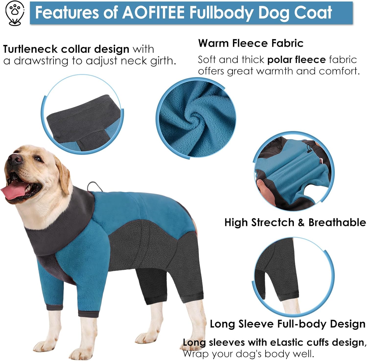 AOFITEE Abrigo de invierno para perro, cálido pijama de forro polar para perro, chaqueta suave de cuerpo completo para clima frío, cuello alto,