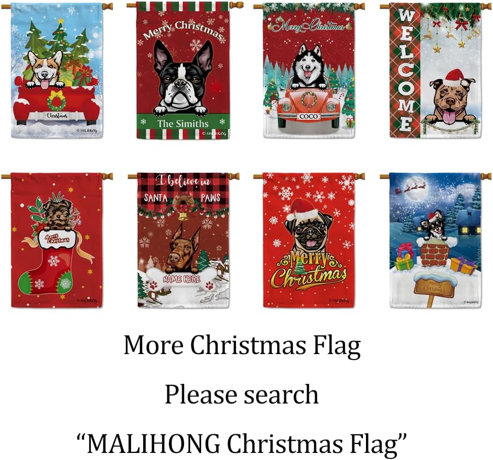 MALIHONG Bandera de jardín de Feliz Navidad de 12.5 x 18 pulgadas, anillo de bola de Navidad de perro de cacapú, campana, corona, bandera de búfalo