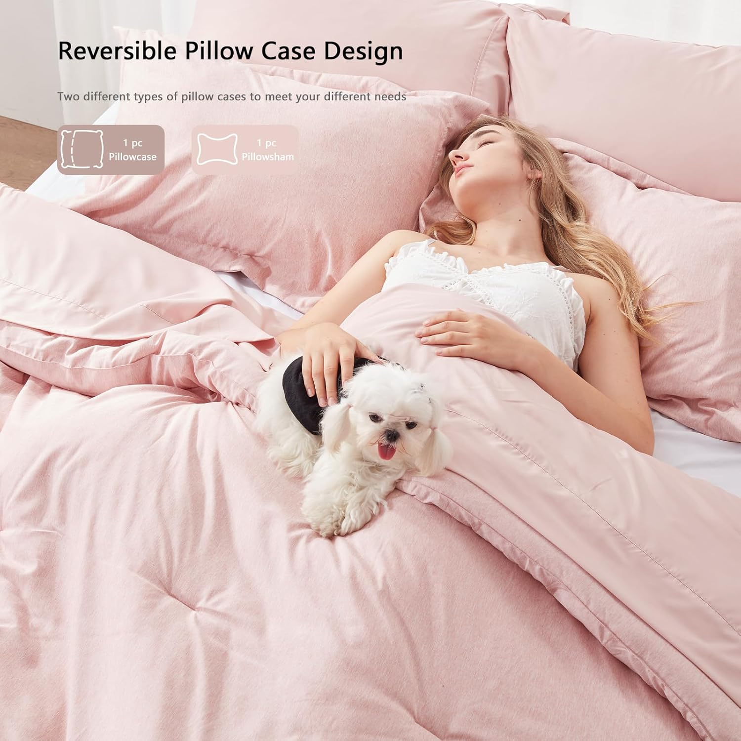 UNILIBRA Juego de edredón matrimonial de 7 piezas, cama rosa en una bolsa, tamaño matrimonial, suave para todas las estaciones, juegos de edredón de