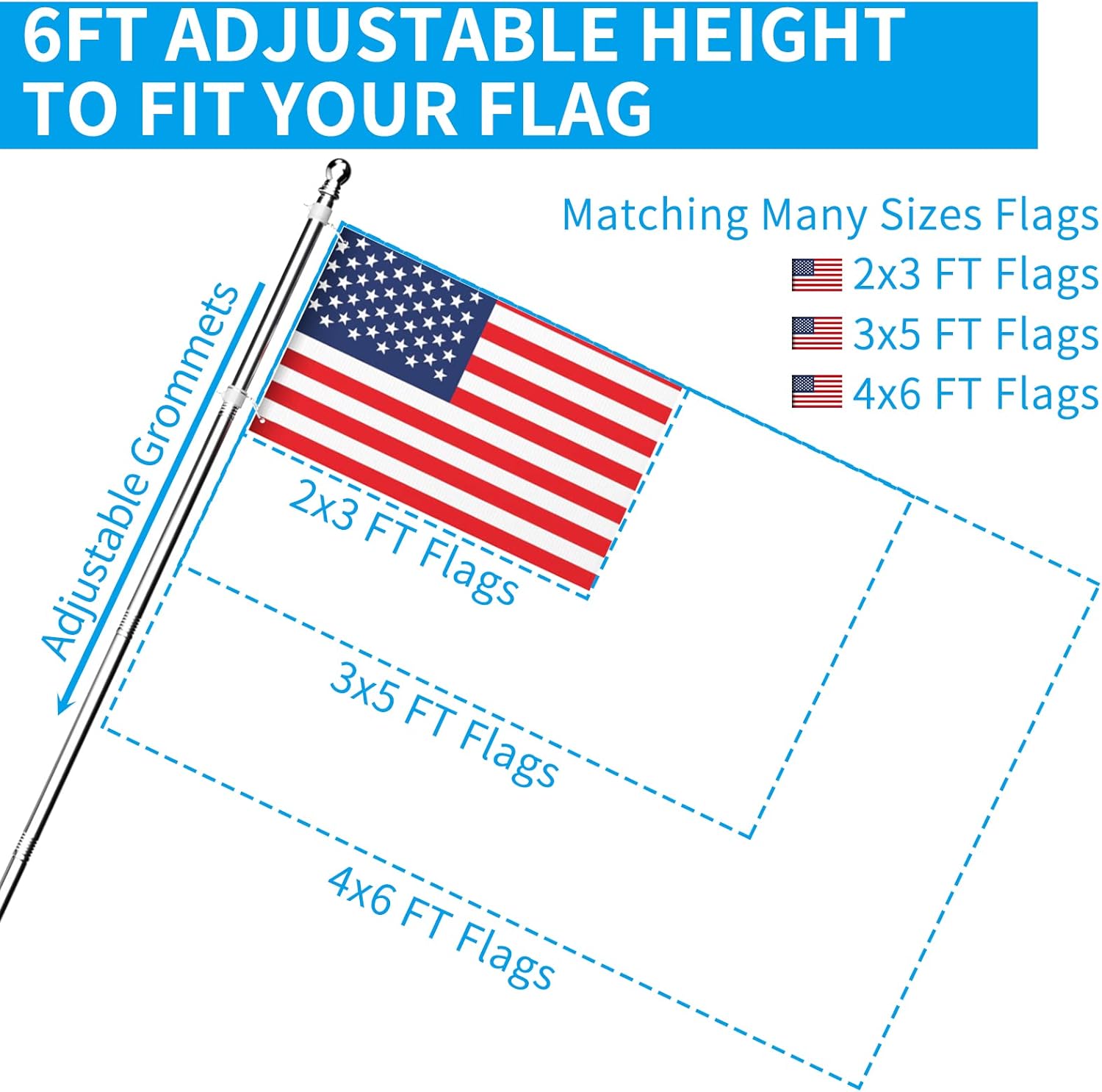 ZMTECH Mástil de bandera  Soporte mejorado, bastones de bandera de acero inoxidable de 6 pies para exteriores de casa, residencial o comercial, kit