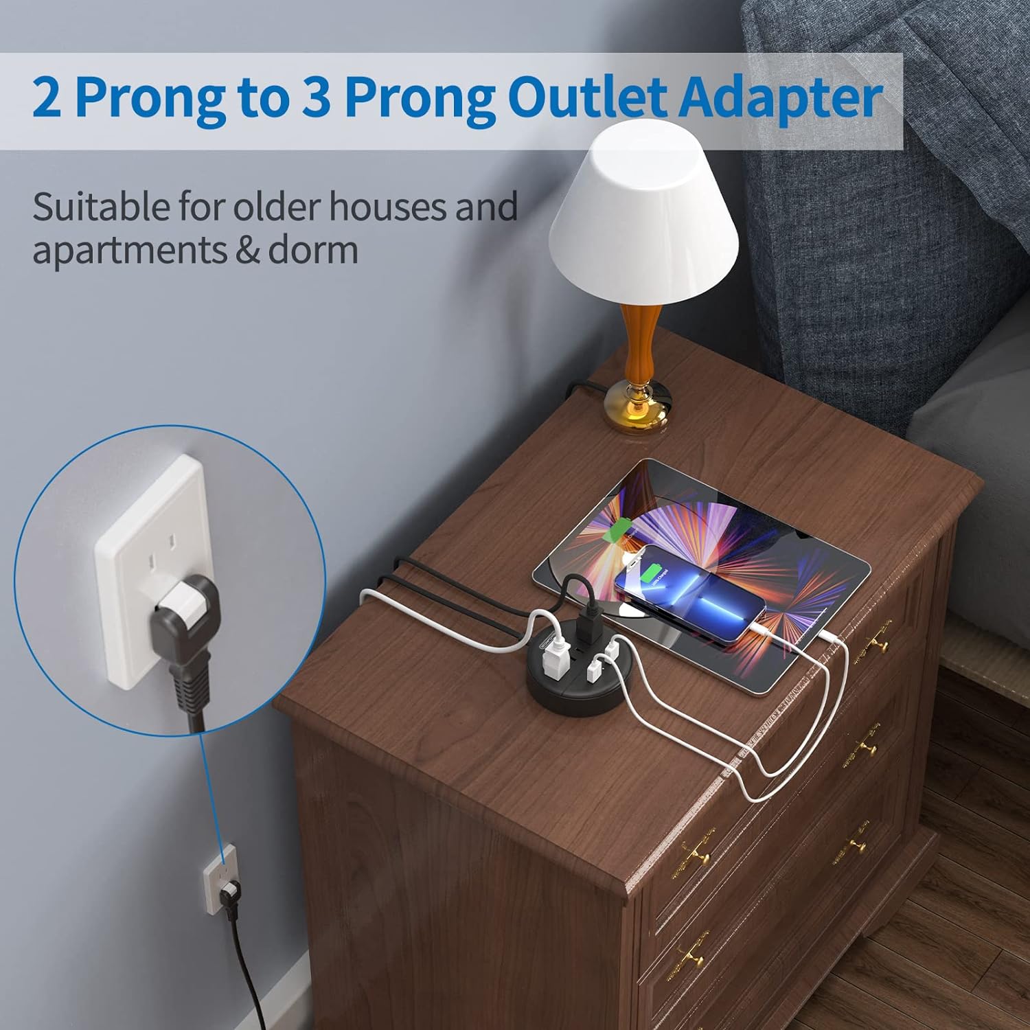 NTONPOWER Regleta de alimentación de 2 clavijas, adaptador de salida de 2 clavijas a 3 clavijas, cable de extensión de 2 clavijas de 5 pies, enchufe