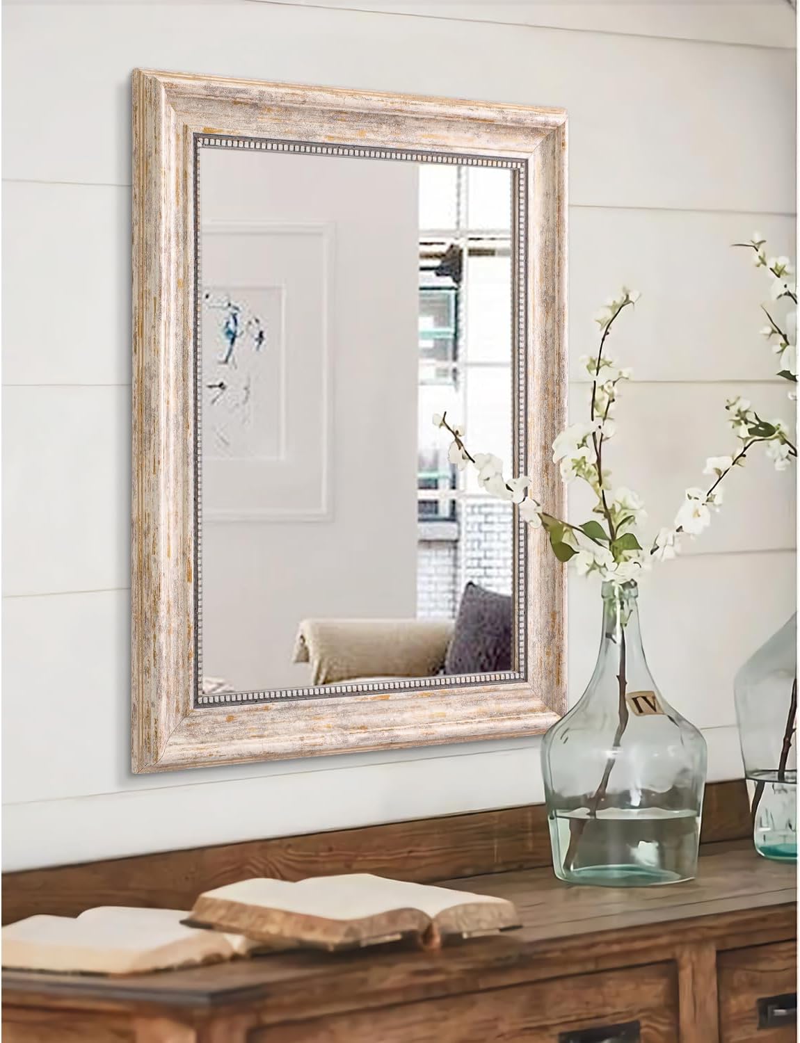 AAZZKANG Espejos para pared, espejo biselado rústico grande con marco de madera, espejo colgante decorativo para casa de campo, dormitorio, baño,