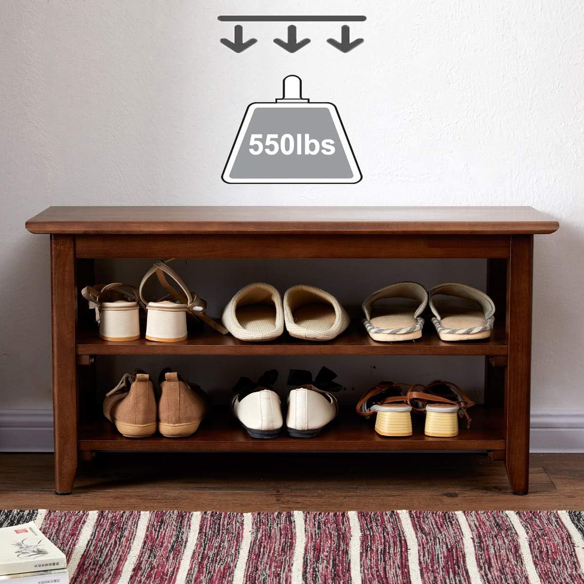 Banco de zapatos, banco de almacenamiento de zapatos de madera, banco de entrada, banco de zapatos de madera de 3 niveles, estante para zapatos para
