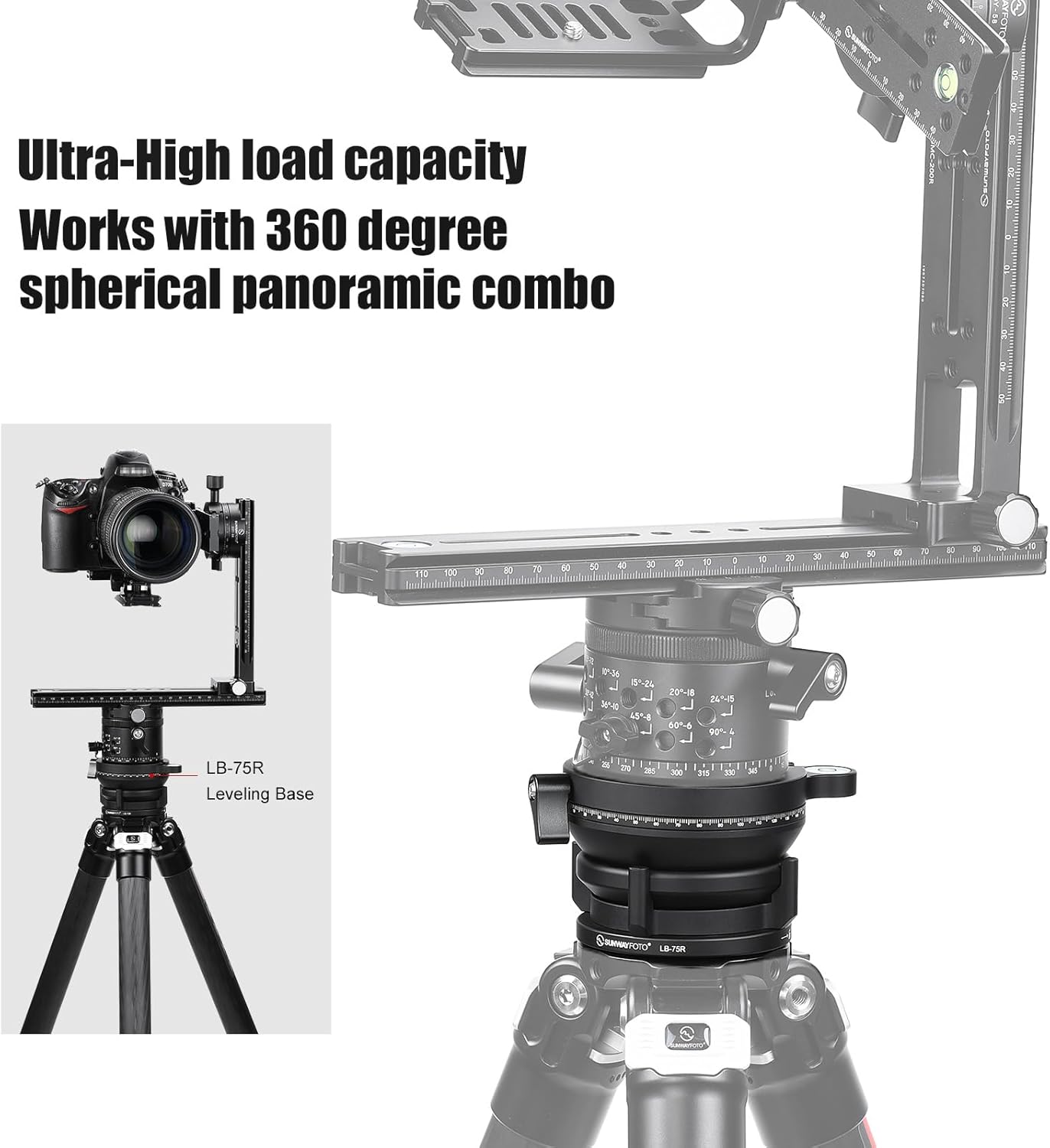 SUNWAYFOTO LB-75R 360 Base de nivelación panorámica Cabezal de trípode 33 lbs (15kg) Capacidad de carga