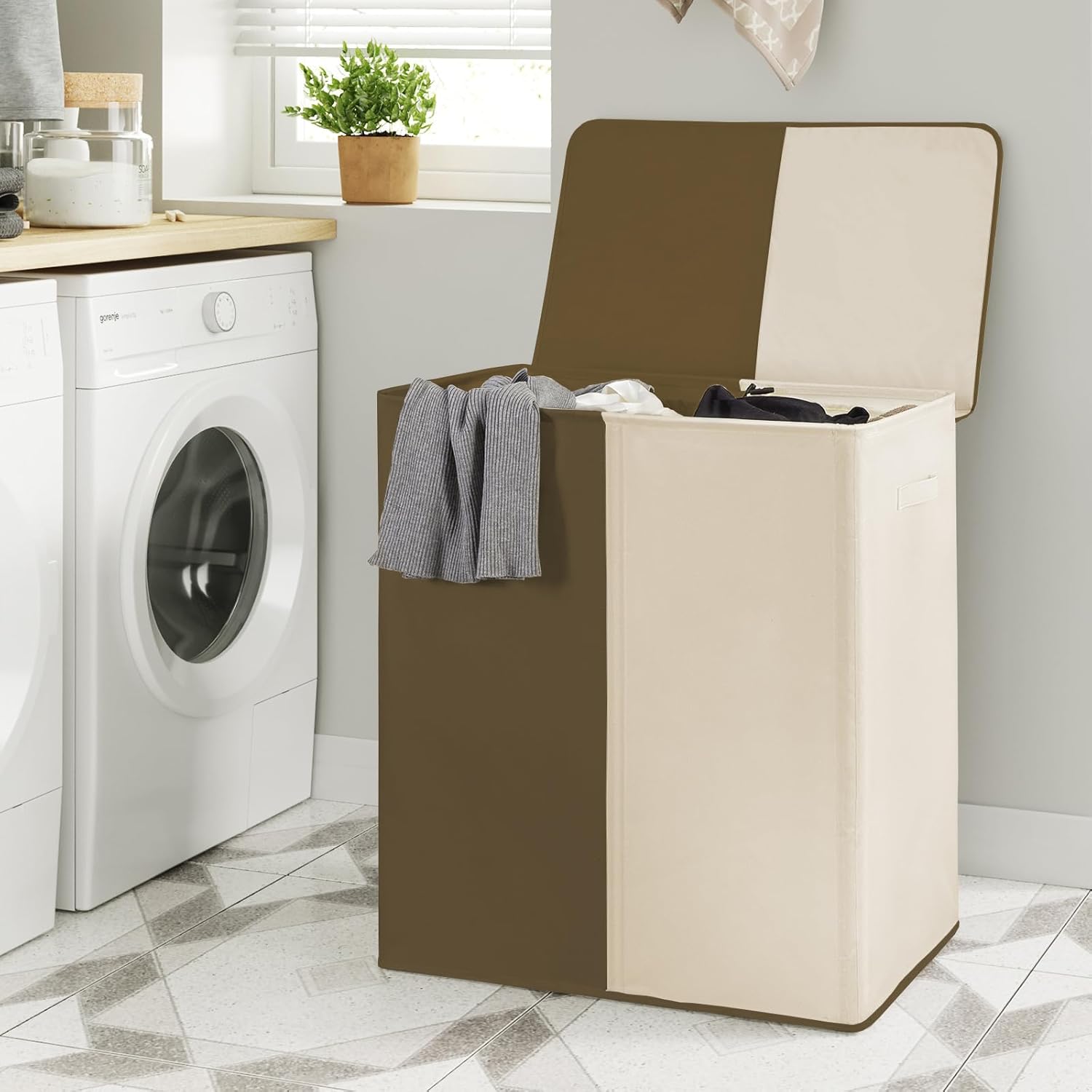 WOWLIVE Cesta de lavandería doble con tapa y bolsas de lavandería extraíbles, cesta grande de 154 litros, cesta de ropa sucia plegable de 2