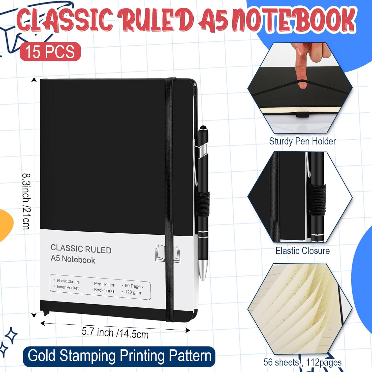 Qeeenar Paquete de 15 cuadernos de tapa dura A5 a granel con soporte para bolígrafo con 15 bolígrafos para escuela, negocios, trabajo, viajes,
