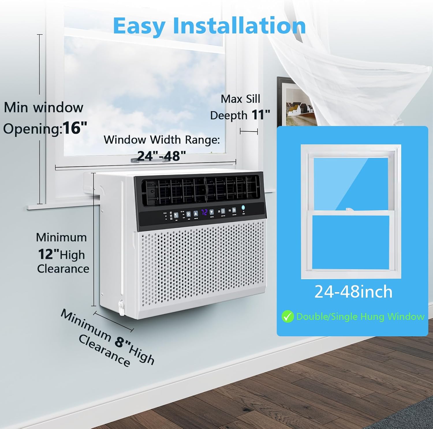 Joy Pebble Aire acondicionado de ventana de 12000 BTU, unidad de ventana de CA 3 en 1 para enfriar la habitación hasta 550 pies cuadrados,