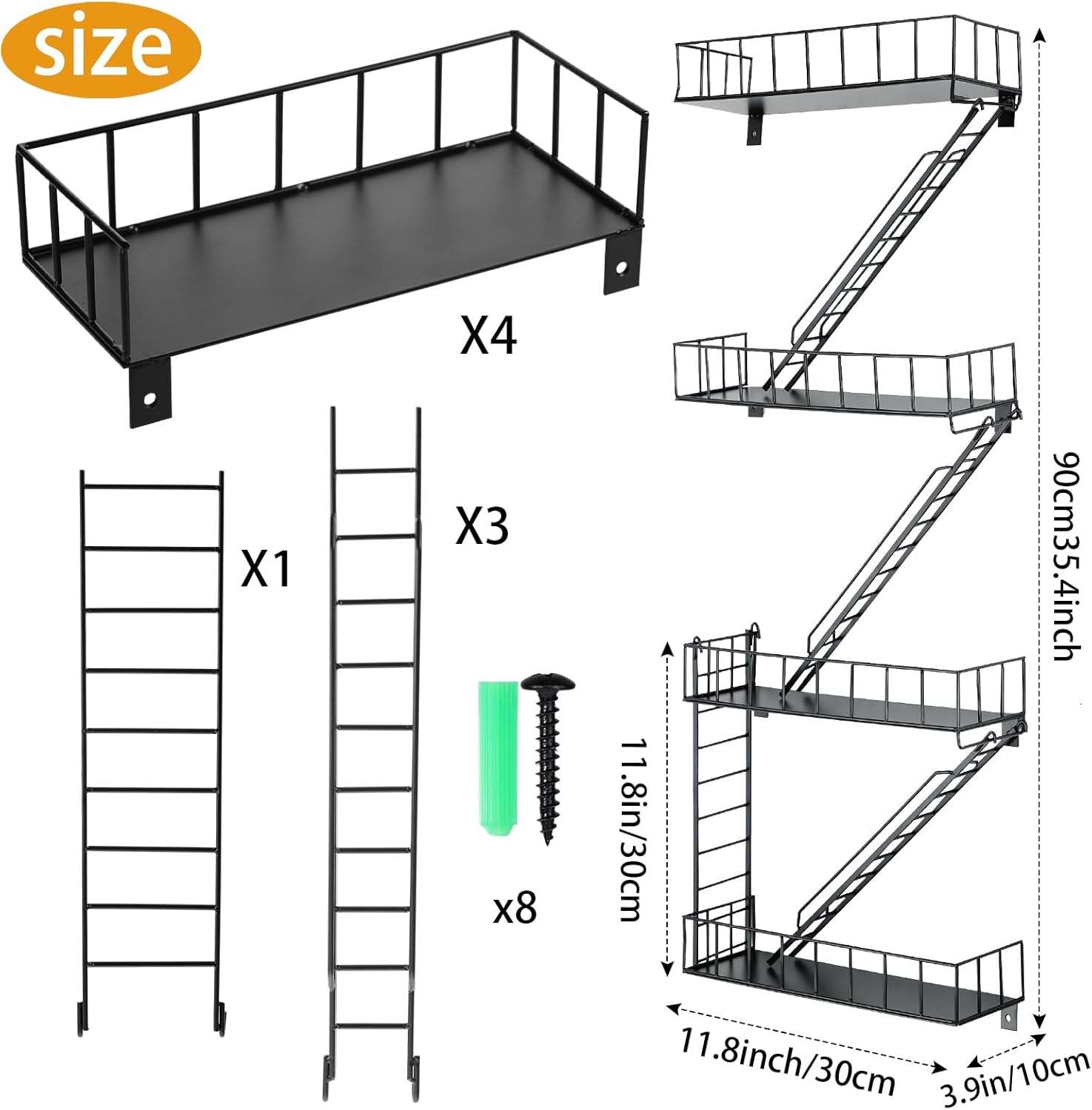 Zonon Estante de escape de incendios, estantes colgantes de pared, decoración de escalera de metal, estantería genial, organizador de pared,