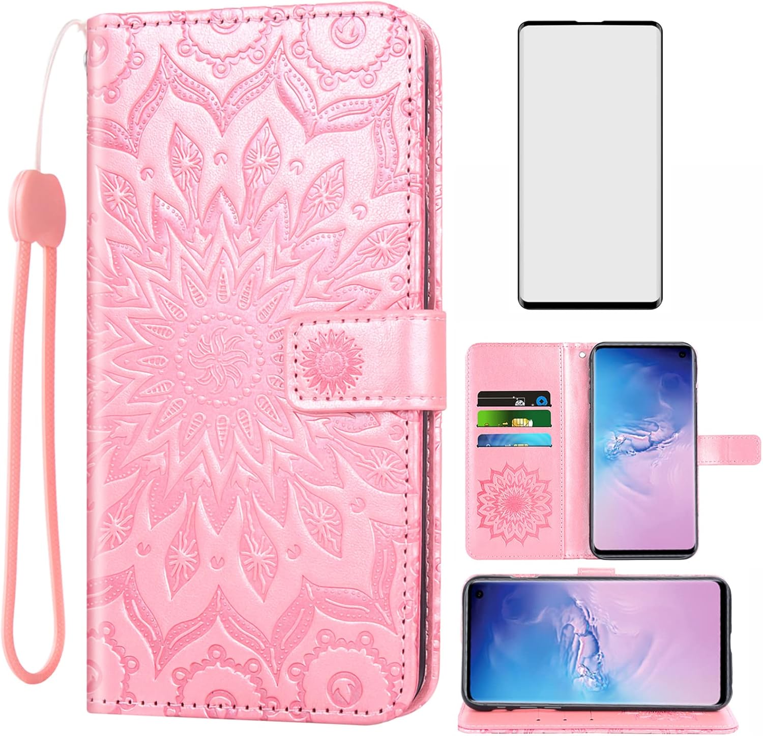 Asuwish Funda de teléfono para Samsung Galaxy S10 Plus con protector de pantalla de vidrio templado, funda delgada de cuero con soporte para