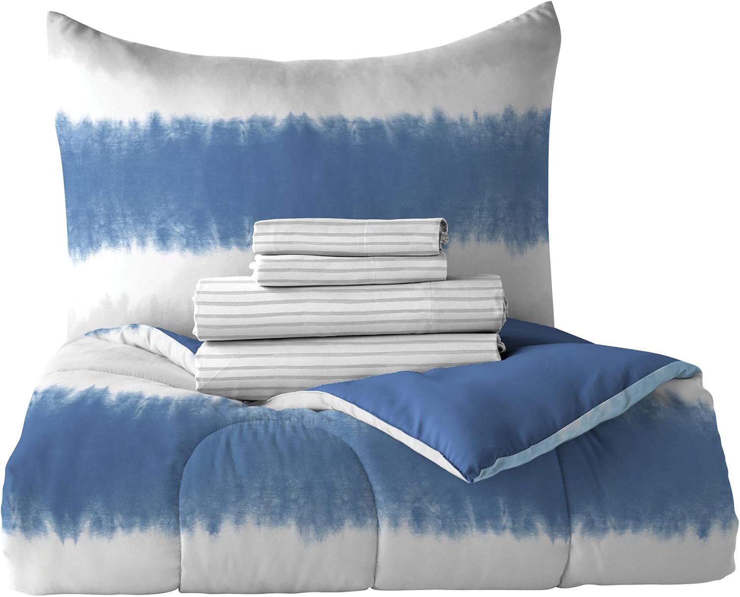 dream FACTORY Juego completo de ropa de cama infantil de 7 piezas fácil de lavar de microfibra súper suave, tamaño matrimonial, rayas azules de
