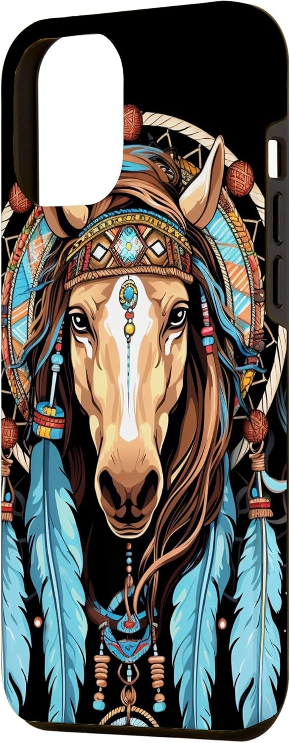 Funda tribal para iPhone 14 Pro Max Horse Dreamcatcher nativo americano plumas