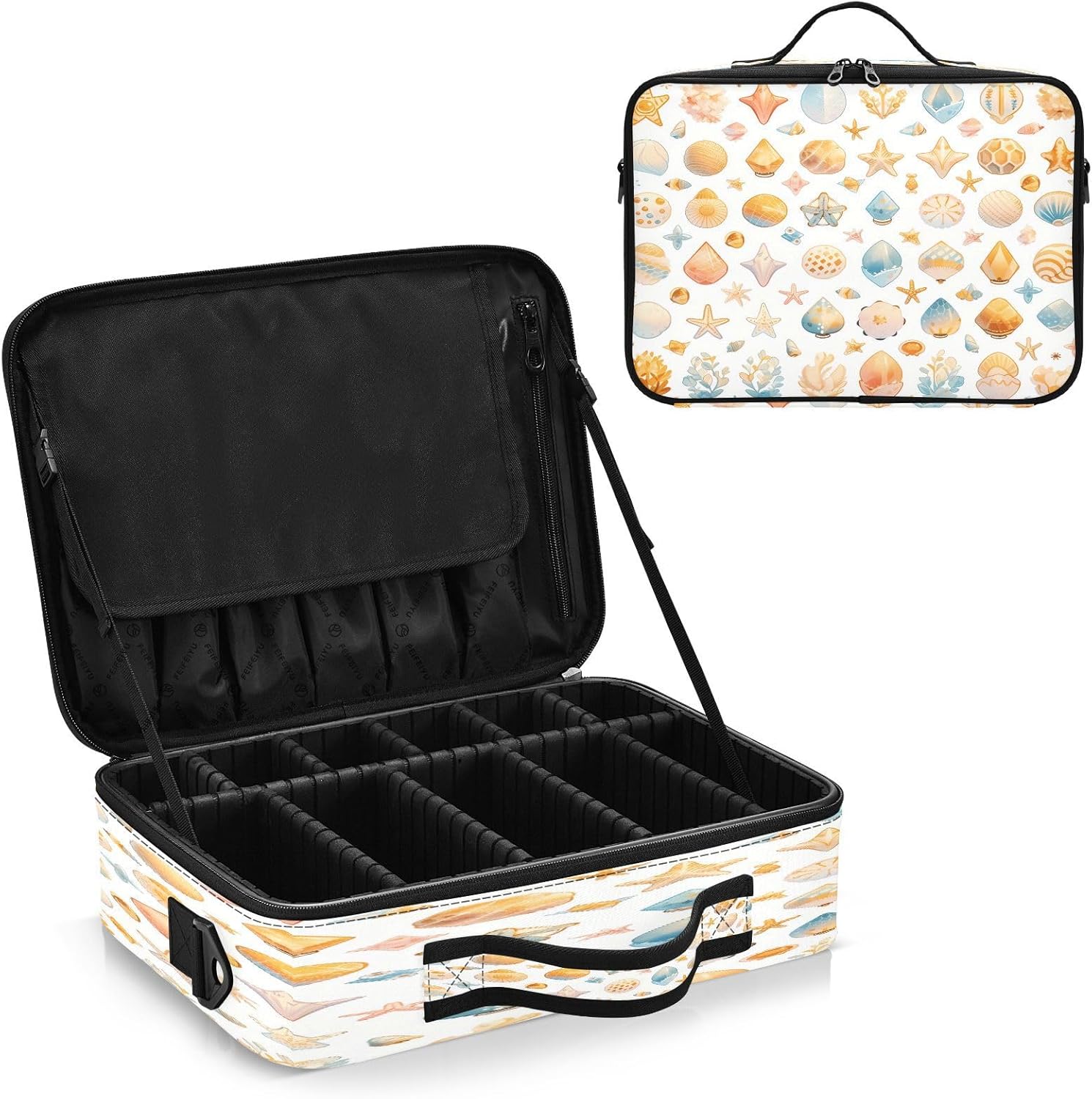 Shells Ocean Waves Beach Starfish White cosmetic bag travel toiletry makeup make up travel bag bag with compartments large travel makeup bag bolso