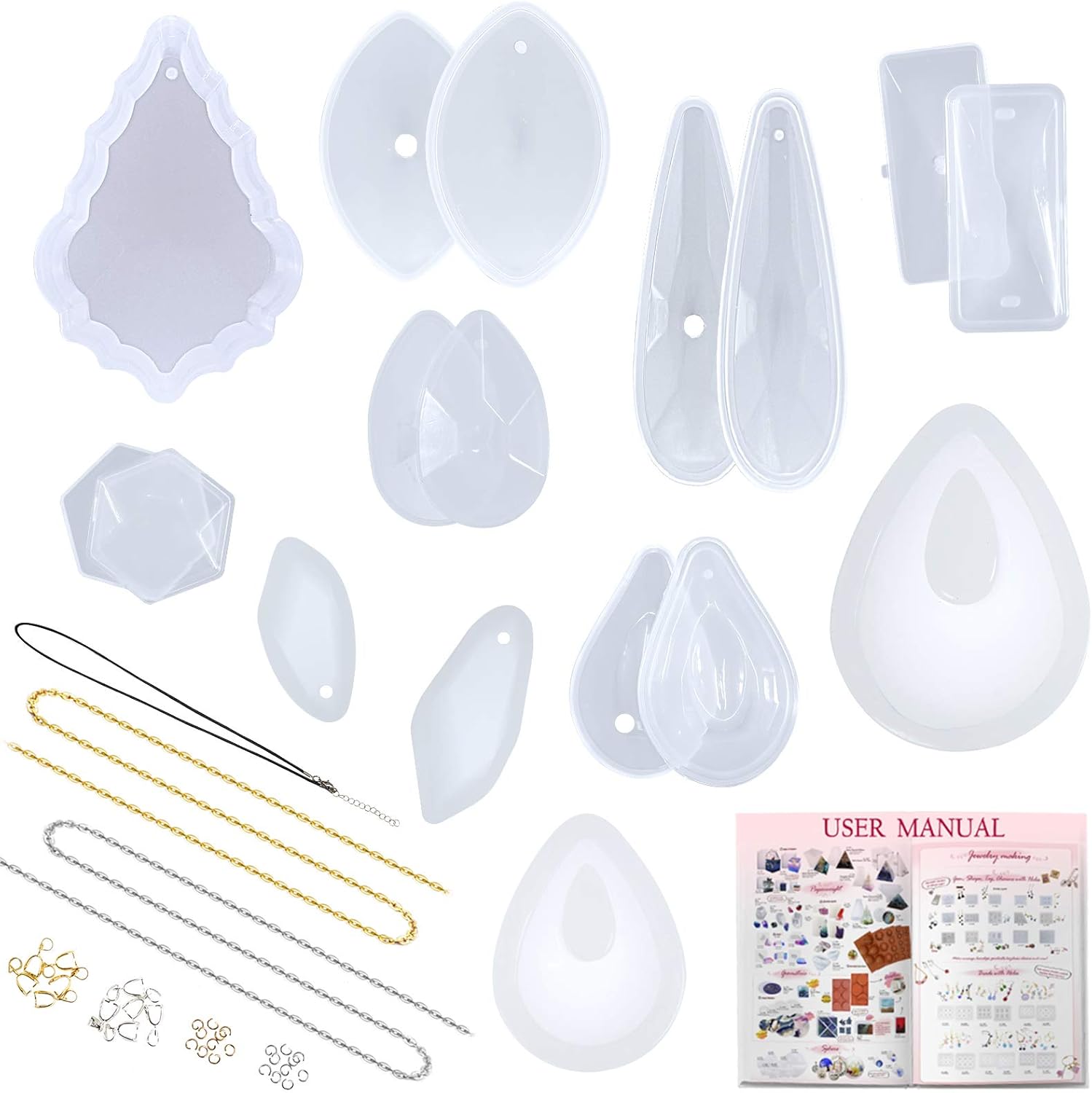 Funshowcase Moldes de silicona epoxi para collar y aretes con agujeros para colgar, juego de suministros de fabricación de joyas, paquete de 45