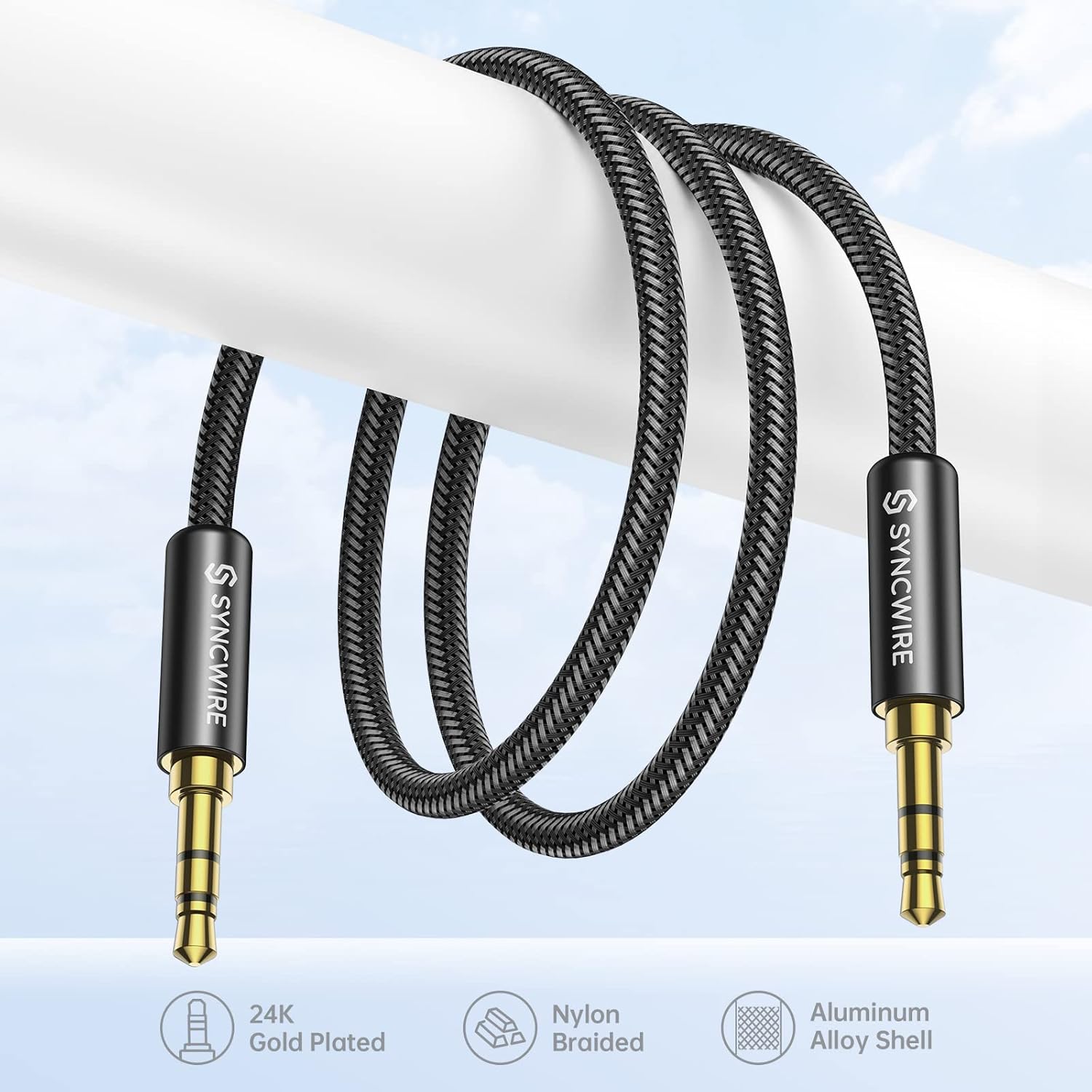 Syncwire Cable auxiliar trenzado de nailon de 0.138 in (32.8 pies, sonido de alta fidelidad), adaptador de entrada auxiliar de audio macho a macho