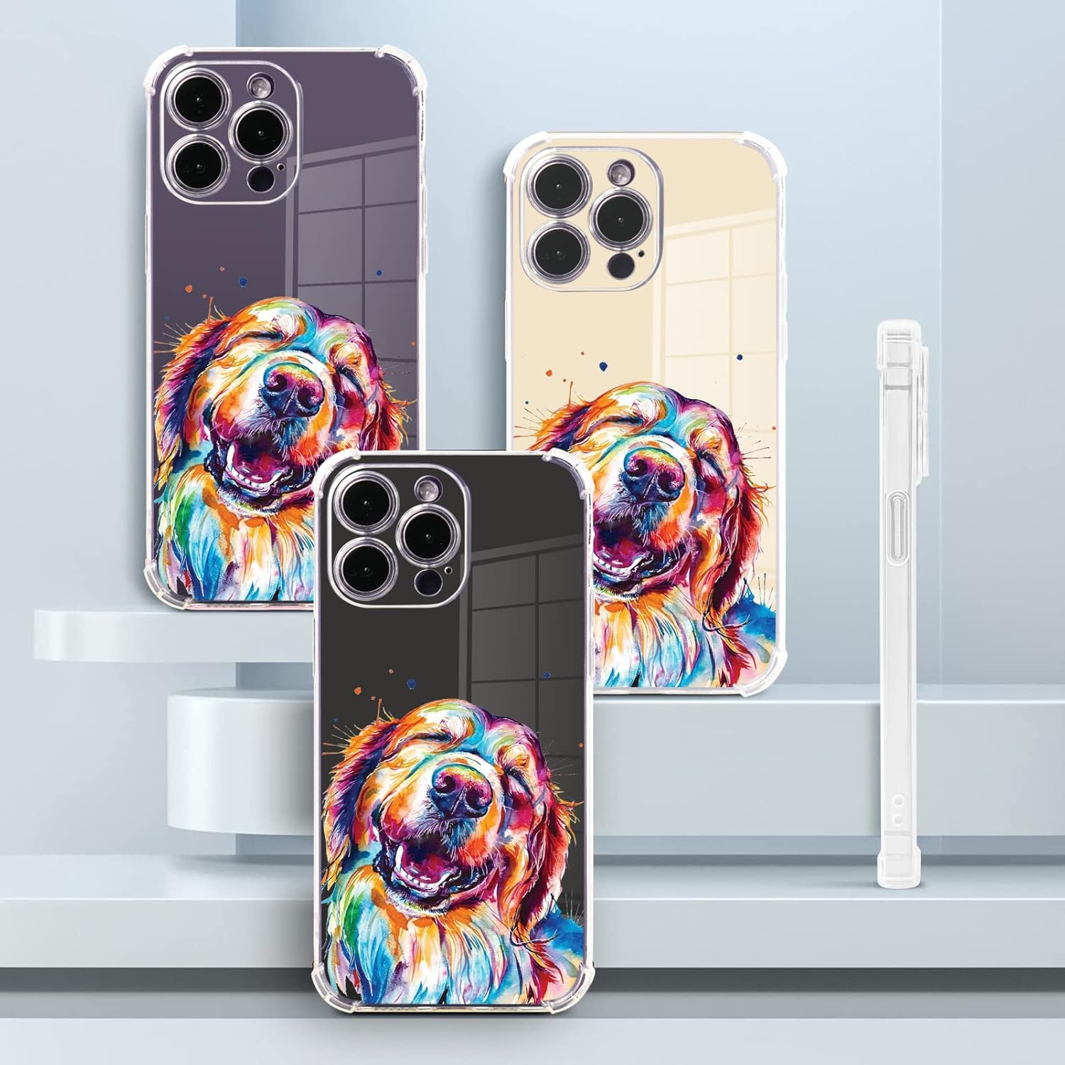 Roemary Buffertech – Funda protectora para iPhone 15 Pro Max con diseño Golden Retriever, diseño de arcoíris con protector de pantalla impacto de