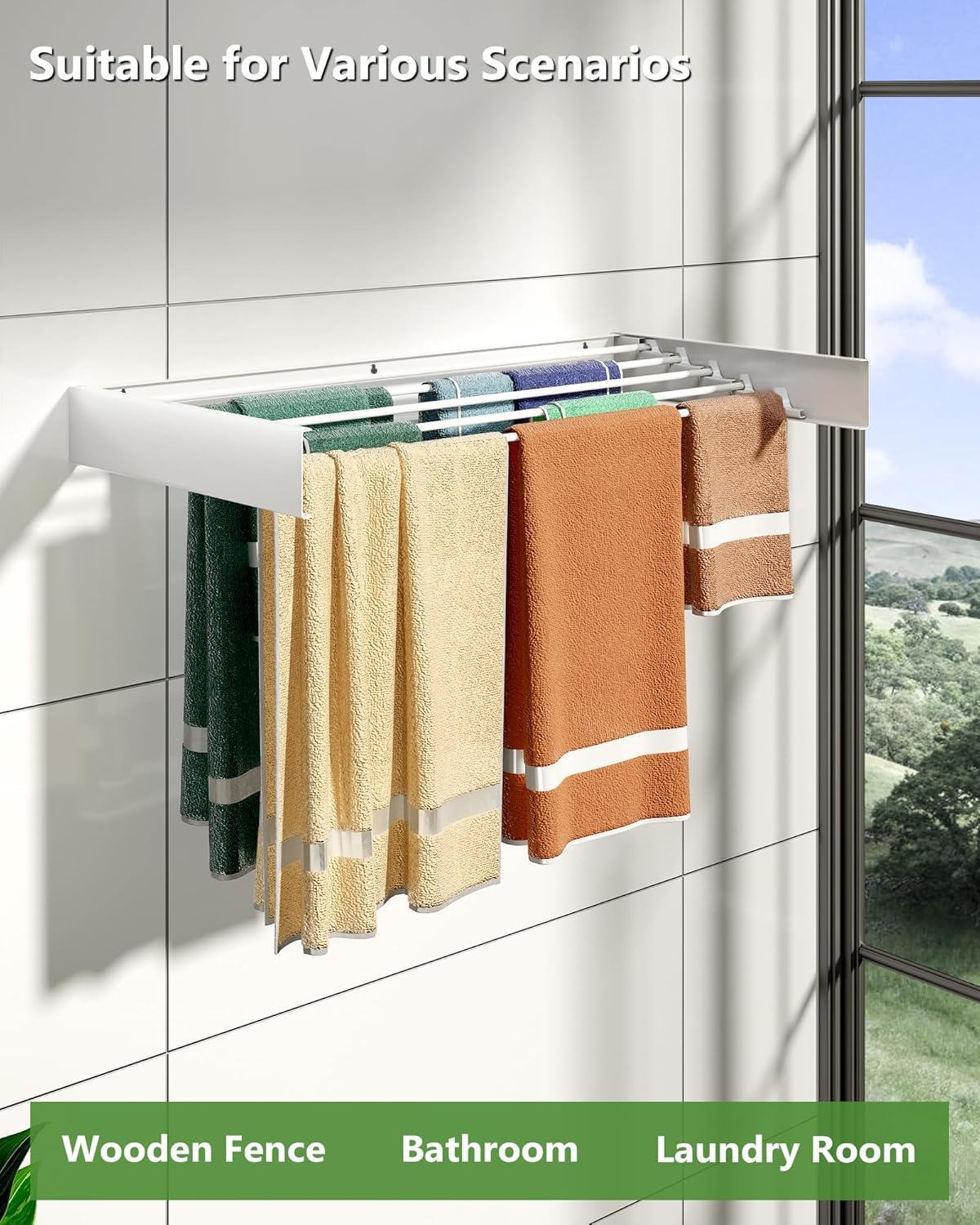 Estante de secado montado en la pared, 31.5 pulgadas de ancho, 13.2 pies lineales, varillas de aluminio 100% ahorro de espacio, con plantilla de