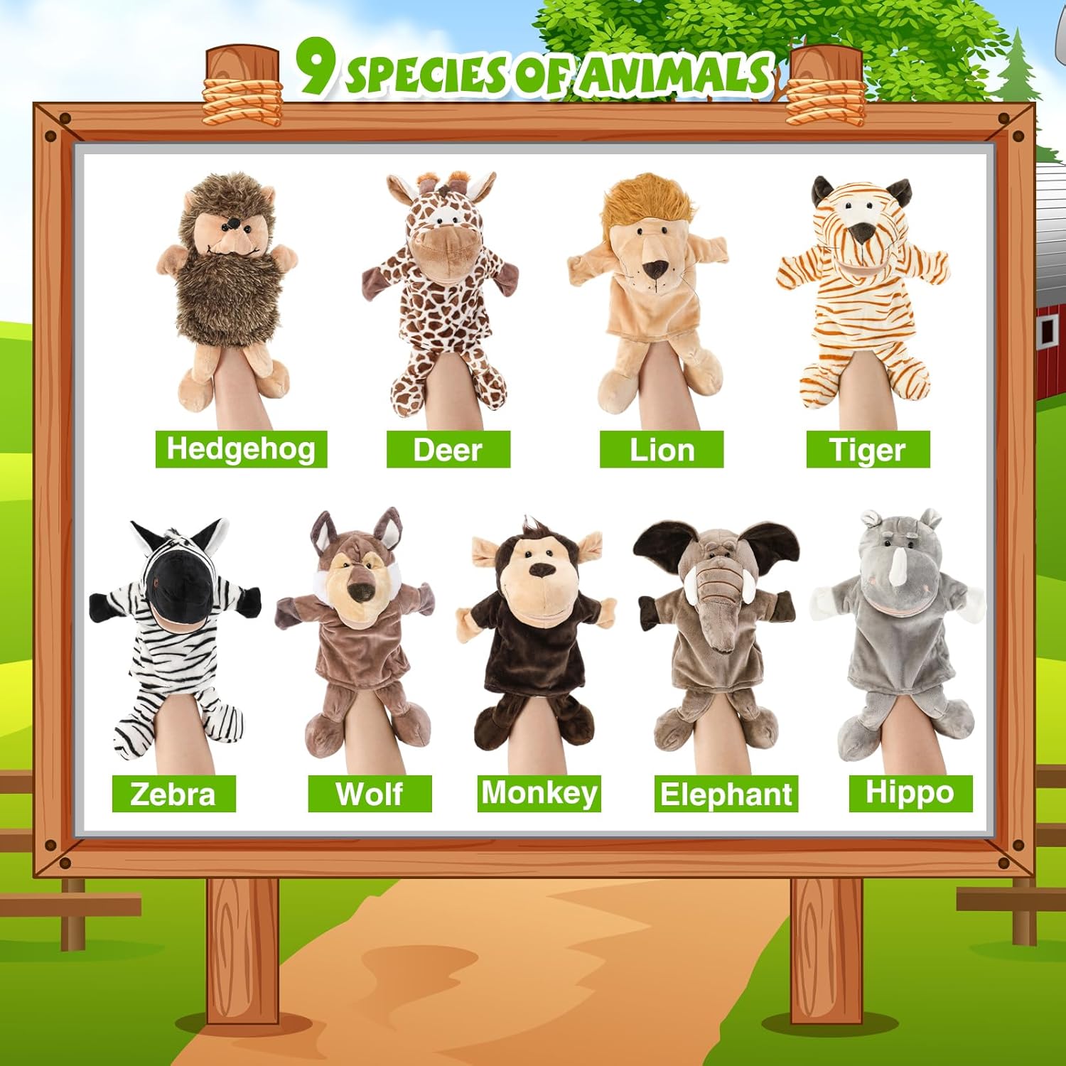 9 marionetas de mano de animales con boca abierta y movible de 11.8 a 13.8 pulgadas, animales de granja suaves, animales de peluche, animales de