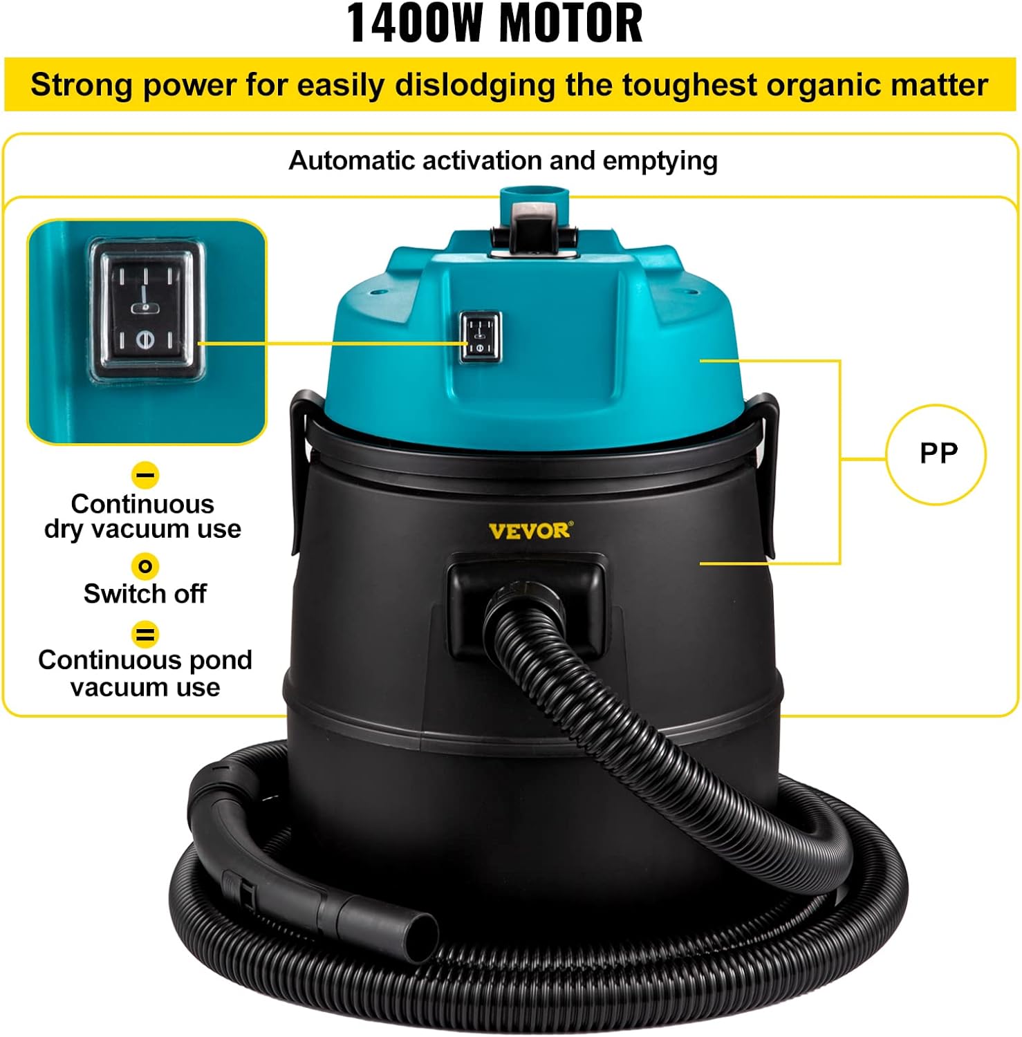 VEVOR Aspiradora de estanque, motor de 1400 W en sistema de succión de una sola cámara, motor de 120 V con cable eléctrico de 15 pies, 4 cabezales
