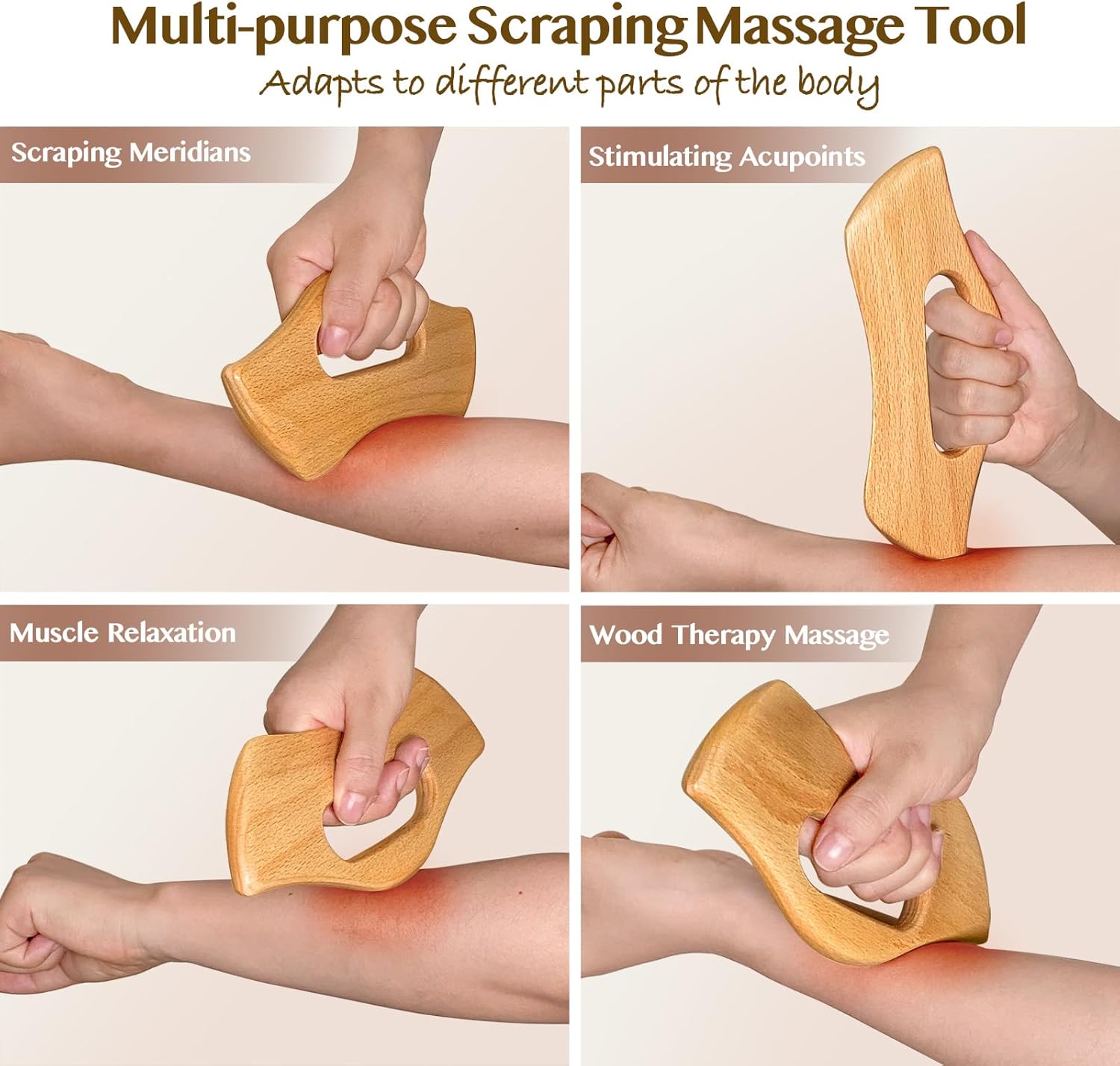 Wooden Gua Sha Massage Tool Set with Handle, (Smooth) Guasha Scraping Massager with Handle for Neck Back Face Leg, Facial Sculpting Anti Cellulite