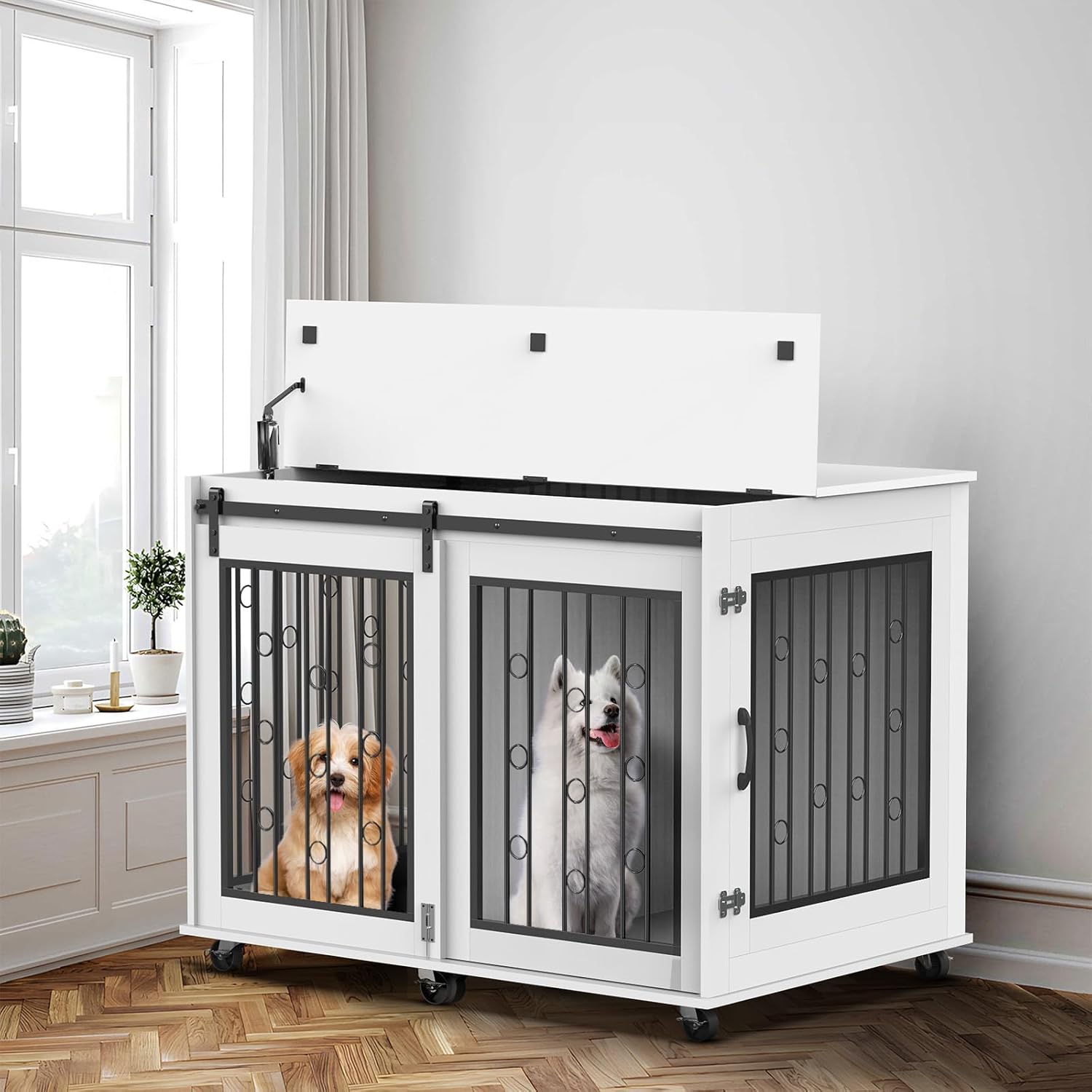 Furniture Style – Mesa auxiliar para perros con puerta corrediza de granero, muebles de interior para perreras con divisor extraíble para 2 mascotas